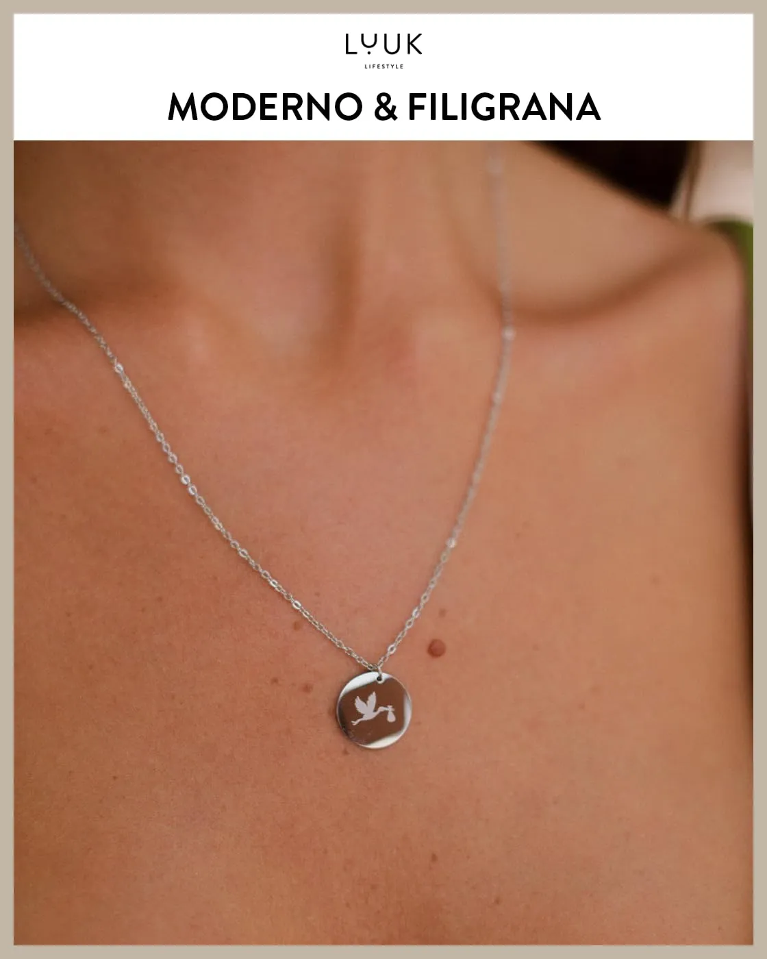 LUUK LIFESTYLE Collana in Acciaio Inox con Ciondolo Cicogna, Argento, 50cm - immagine 3