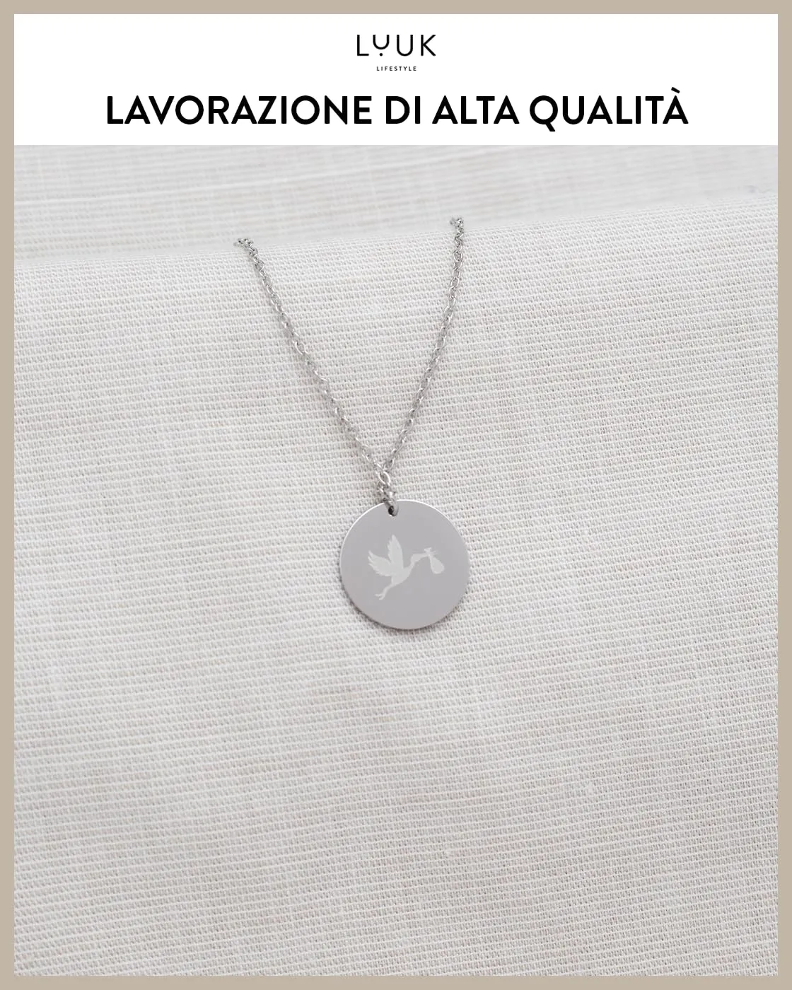 LUUK LIFESTYLE Collana in Acciaio Inox con Ciondolo Cicogna, Argento, 50cm - immagine 4