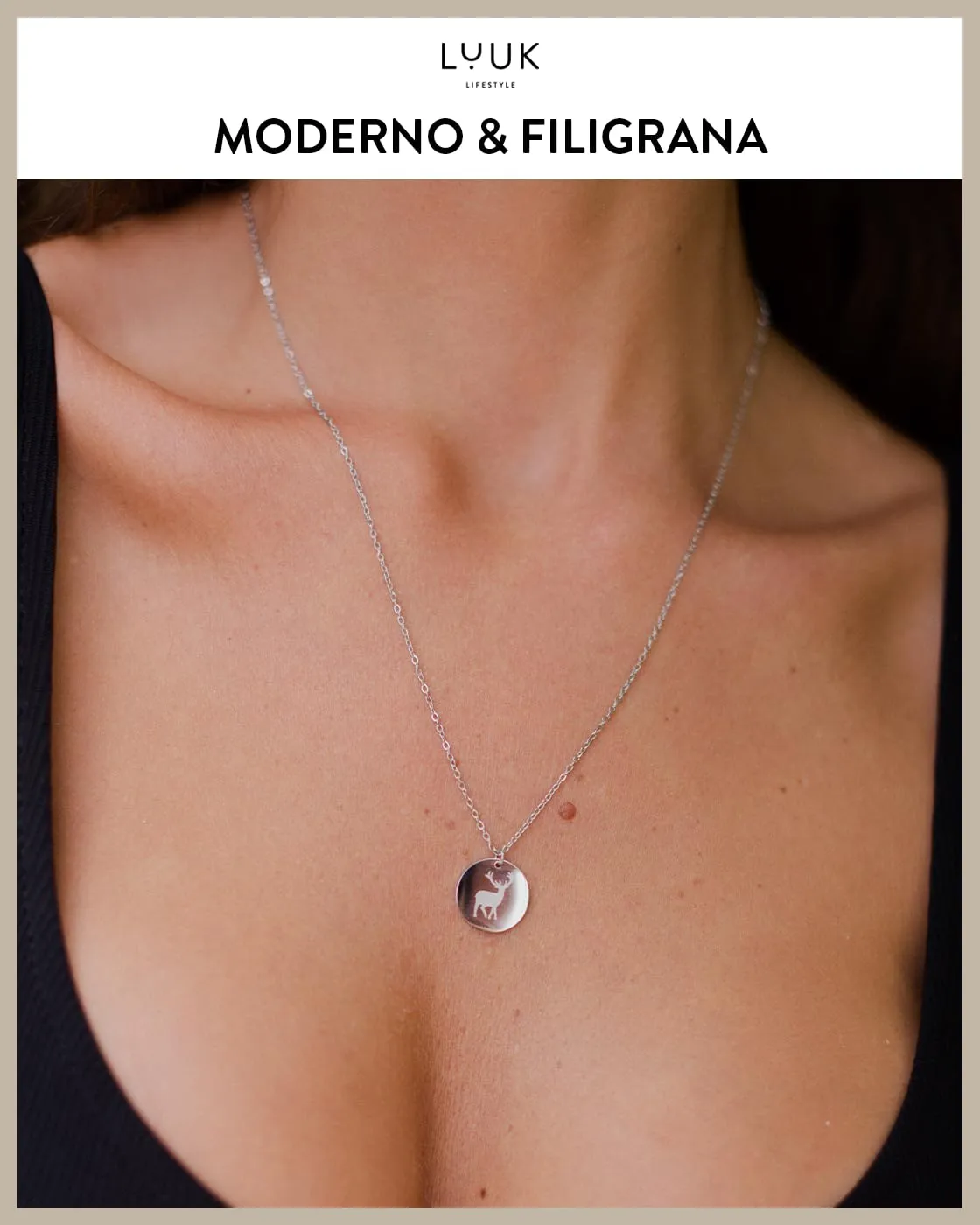 LUUK LIFESTYLE Collana con Ciondolo Medaglia Cervo, Argento, 50cm - immagine 3