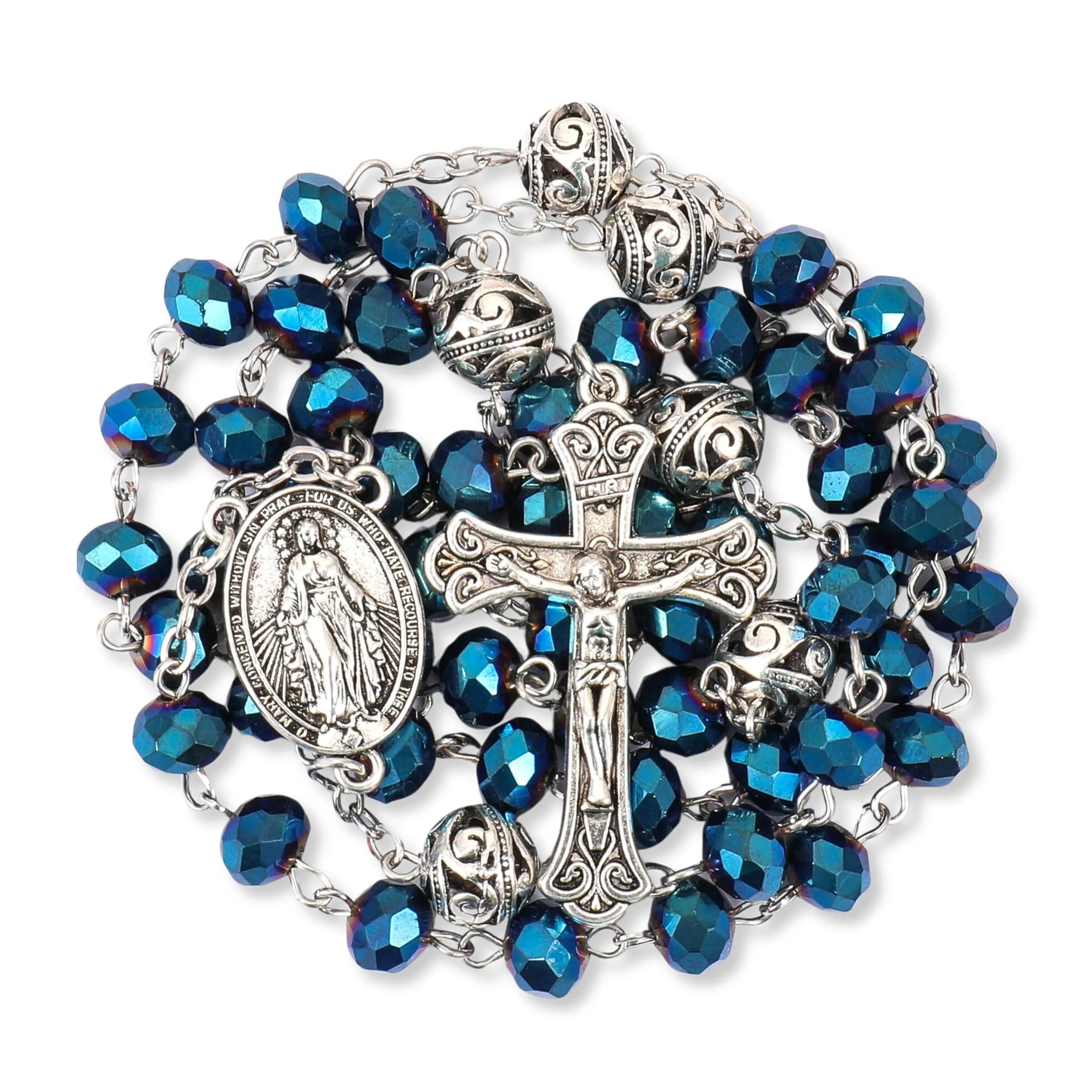 Nazareth Store Collana Rosario con Grani di Cristallo 8mm, Lega 10mm, Medaglia Miracolosa e Croce Cattolica (Blu) - immagine 1
