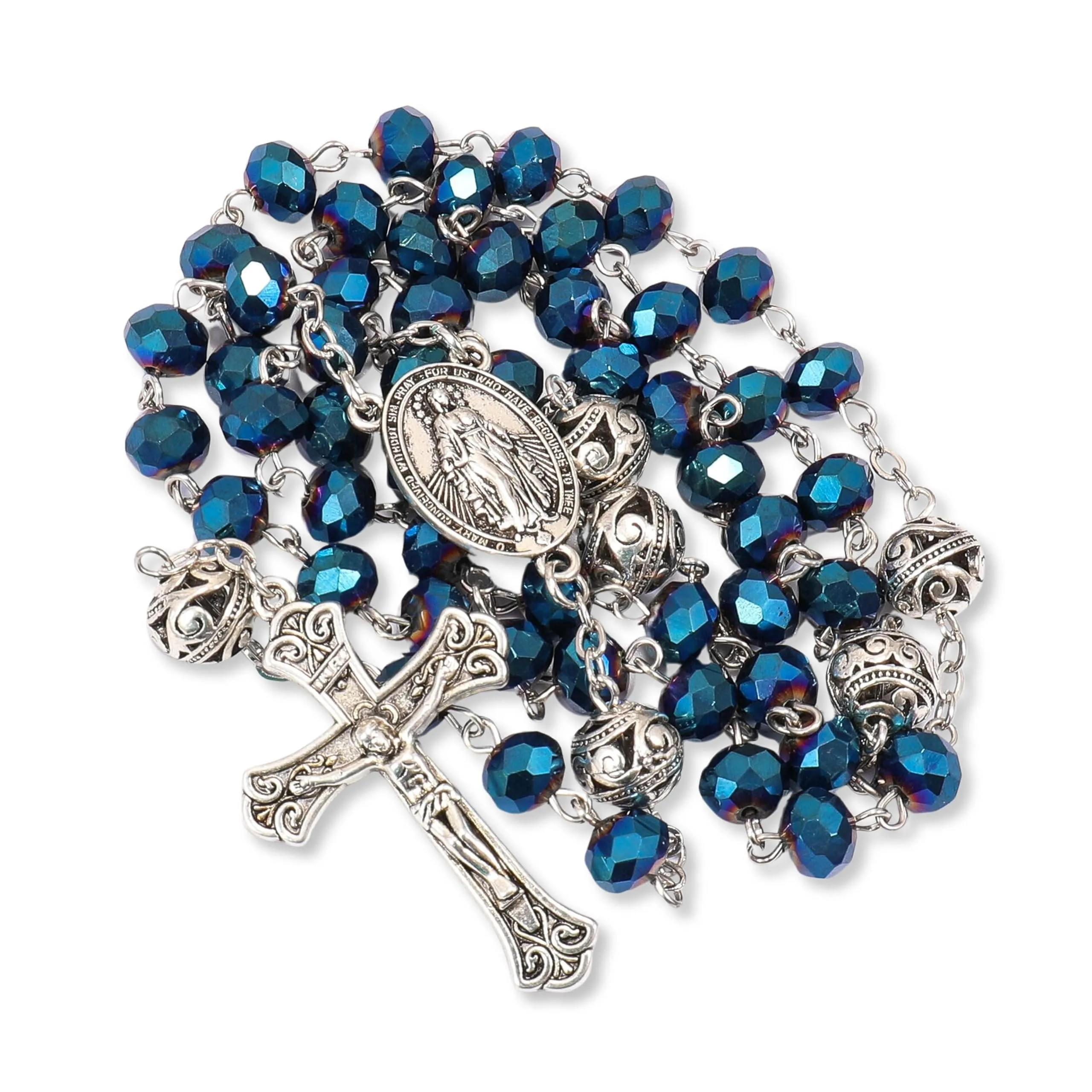 Nazareth Store Collana Rosario con Grani di Cristallo 8mm, Lega 10mm, Medaglia Miracolosa e Croce Cattolica (Blu) - immagine 2