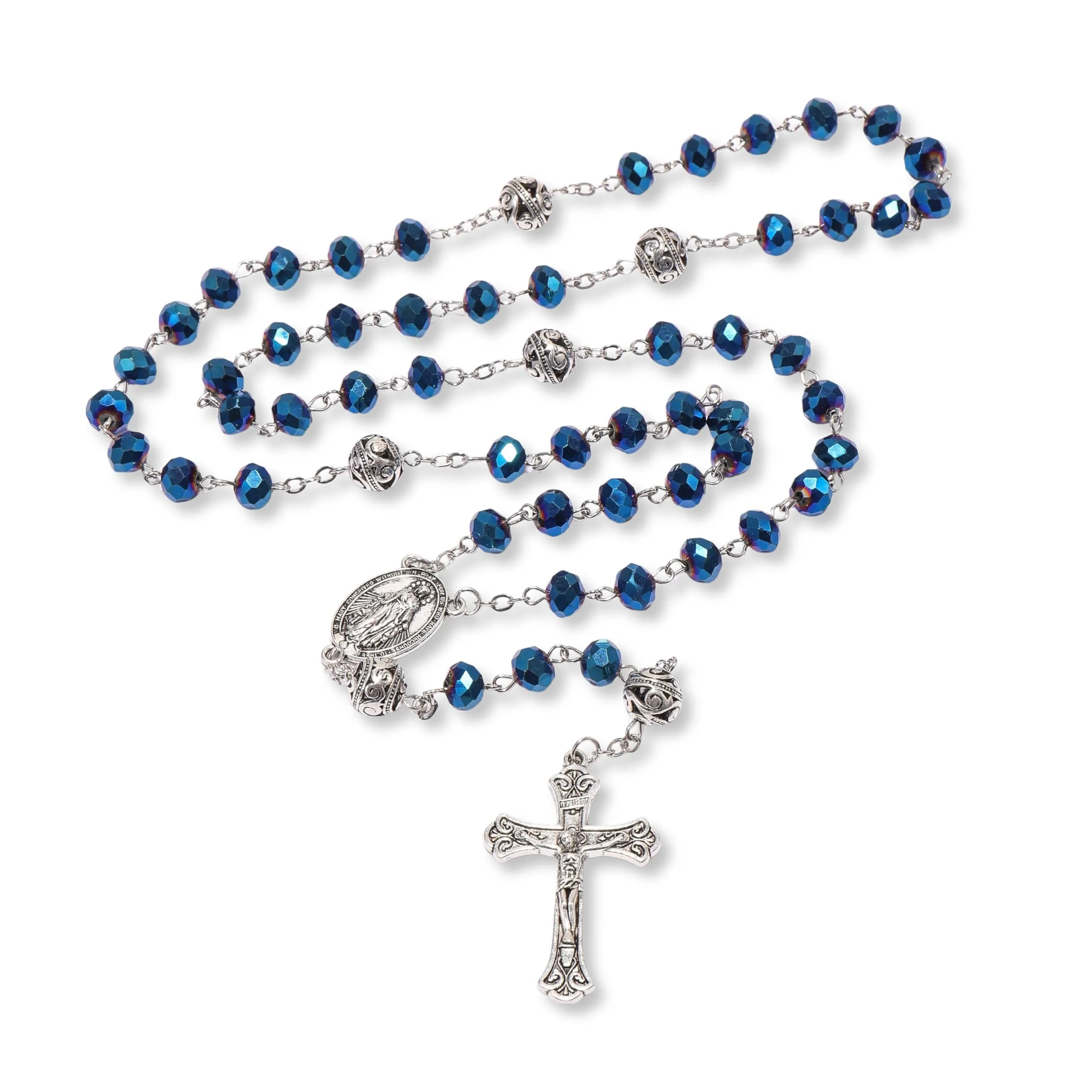 Nazareth Store Collana Rosario con Grani di Cristallo 8mm, Lega 10mm, Medaglia Miracolosa e Croce Cattolica (Blu) - immagine 3