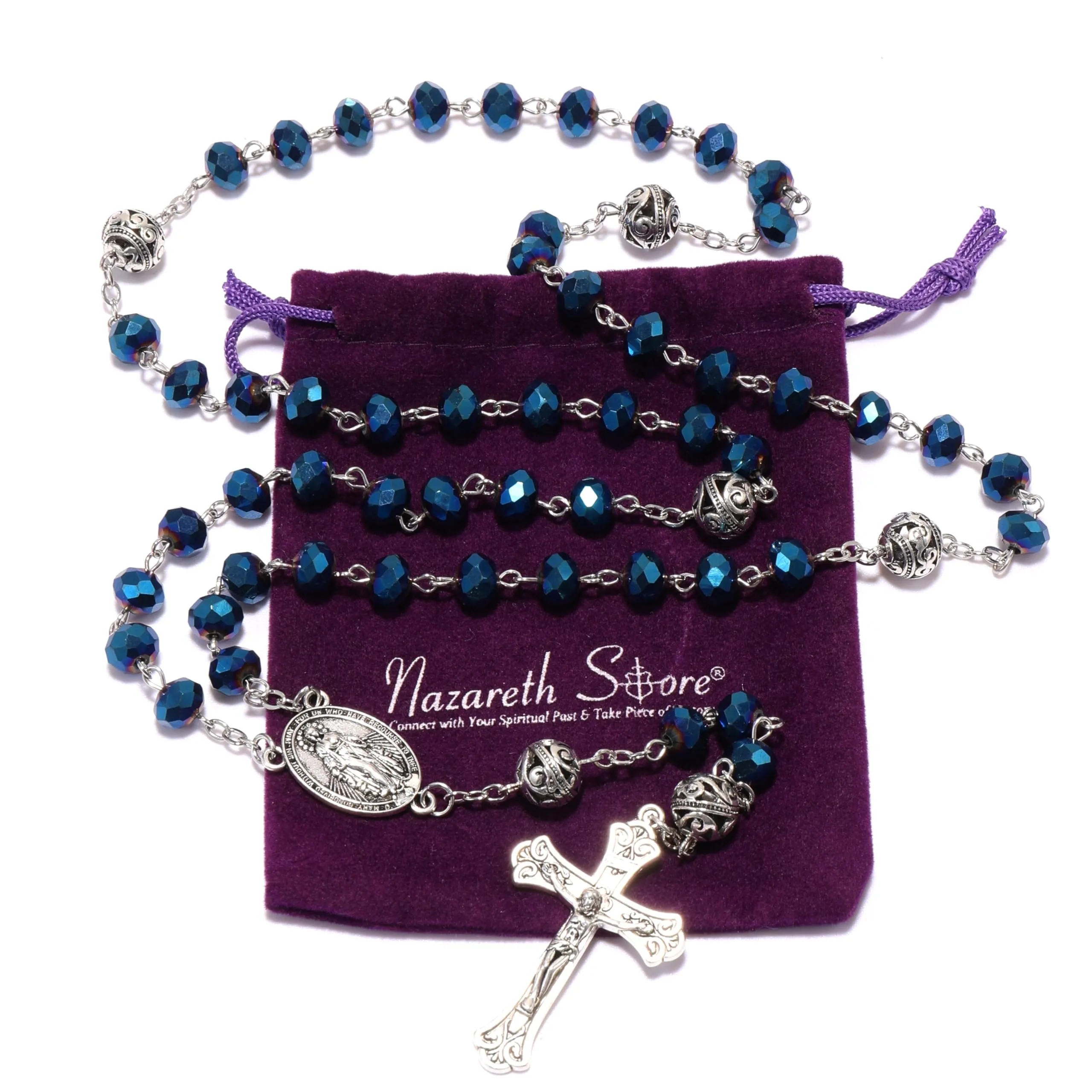 Nazareth Store Collana Rosario con Grani di Cristallo 8mm, Lega 10mm, Medaglia Miracolosa e Croce Cattolica (Blu) - immagine 4