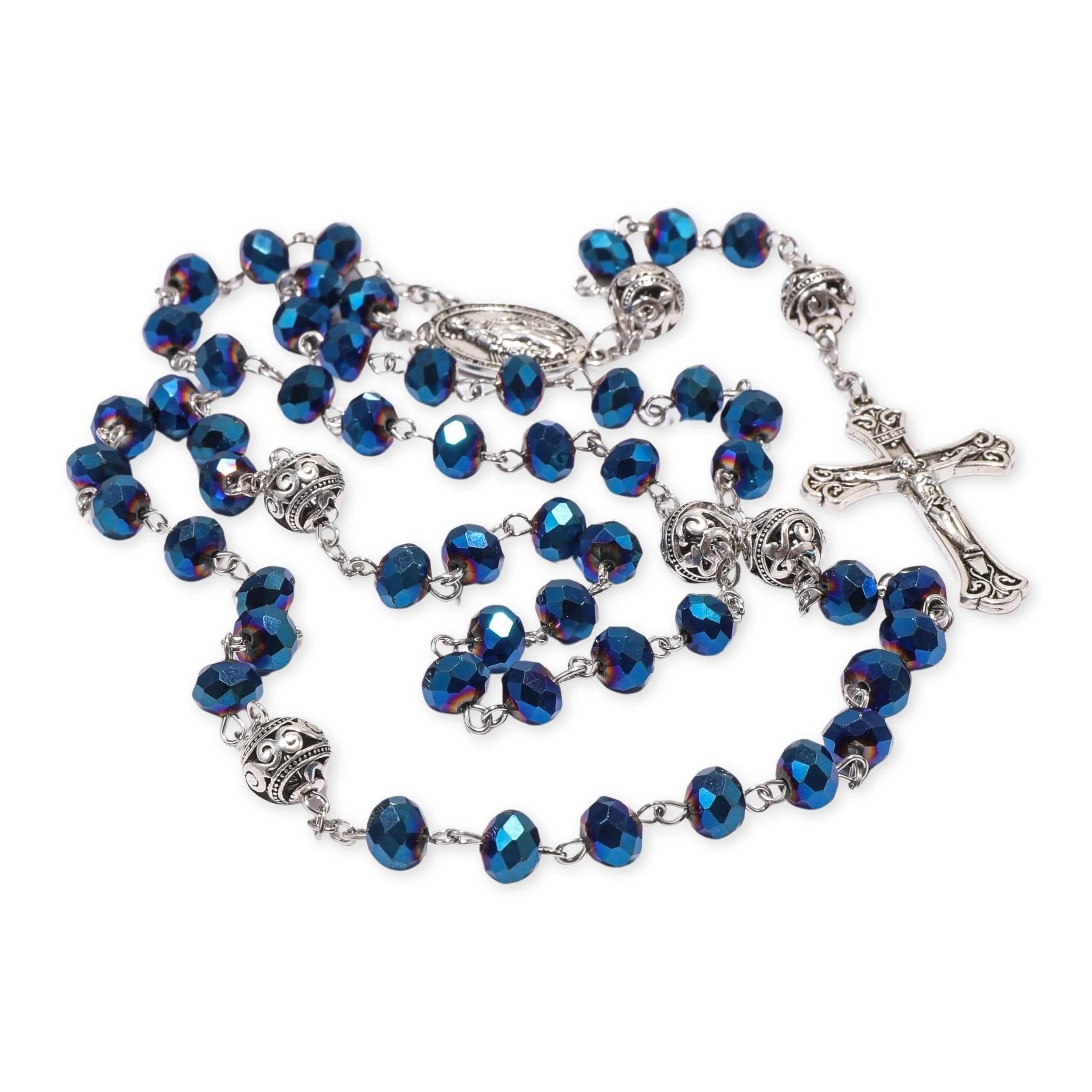 Nazareth Store Collana Rosario con Grani di Cristallo 8mm, Lega 10mm, Medaglia Miracolosa e Croce Cattolica (Blu) - immagine 6