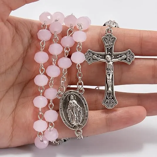 Nazareth Store Collana Rosario con Grani in Cristallo 8mm e Lega 10mm, Medaglia Miracolosa e Croce Cattolica (Rosa) - immagine 2