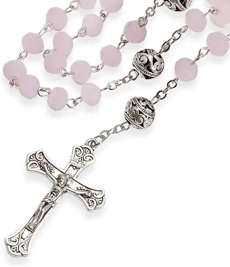 Nazareth Store Collana Rosario con Grani in Cristallo 8mm e Lega 10mm, Medaglia Miracolosa e Croce Cattolica (Rosa) - immagine 3