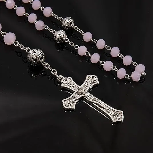 Nazareth Store Collana Rosario con Grani in Cristallo 8mm e Lega 10mm, Medaglia Miracolosa e Croce Cattolica (Rosa) - immagine 5