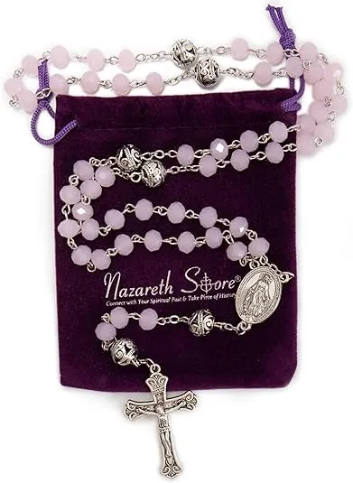 Nazareth Store Collana Rosario con Grani in Cristallo 8mm e Lega 10mm, Medaglia Miracolosa e Croce Cattolica (Rosa) - immagine 6