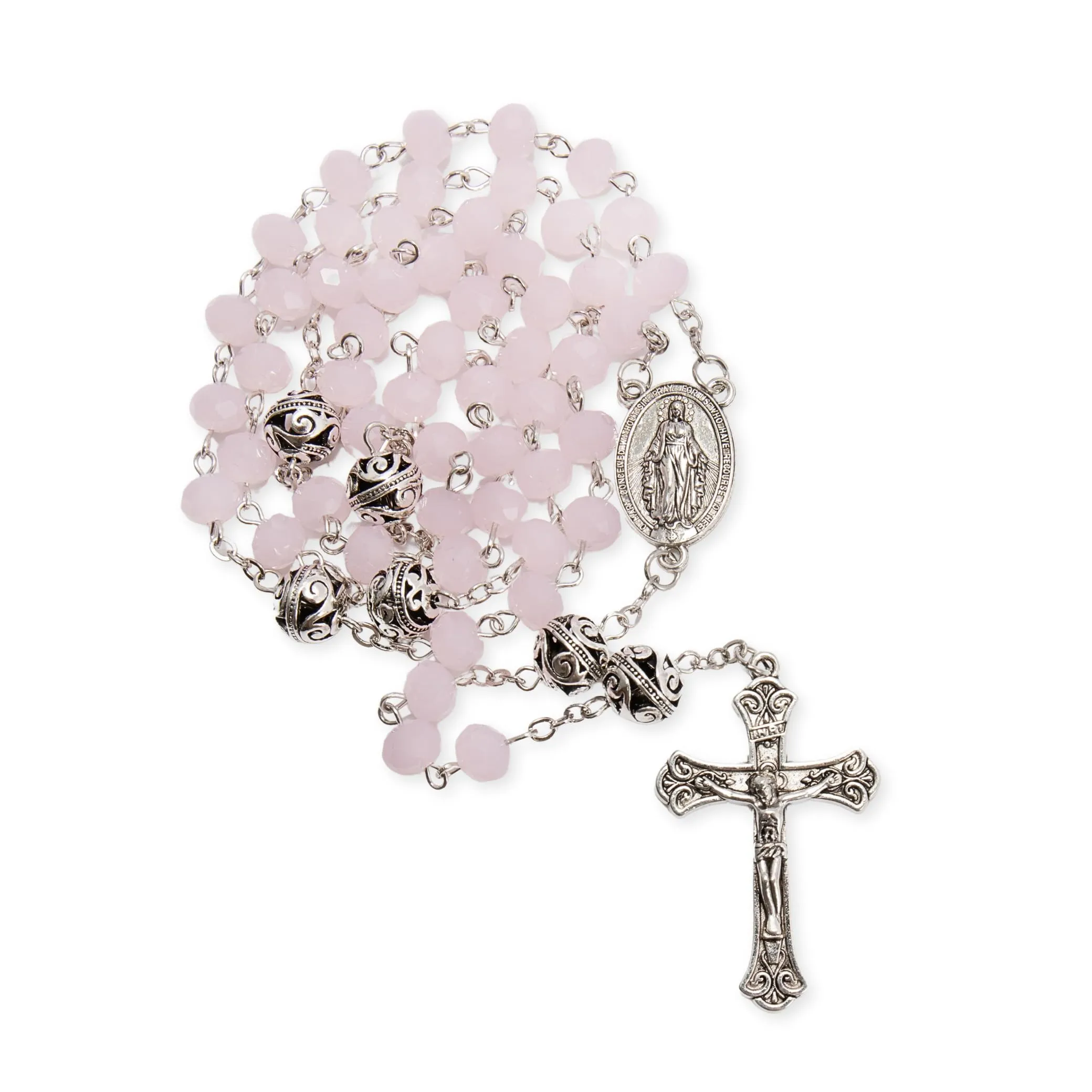 Nazareth Store Collana Rosario con Grani in Cristallo 8mm e Lega 10mm, Medaglia Miracolosa e Croce Cattolica (Rosa) - immagine 7