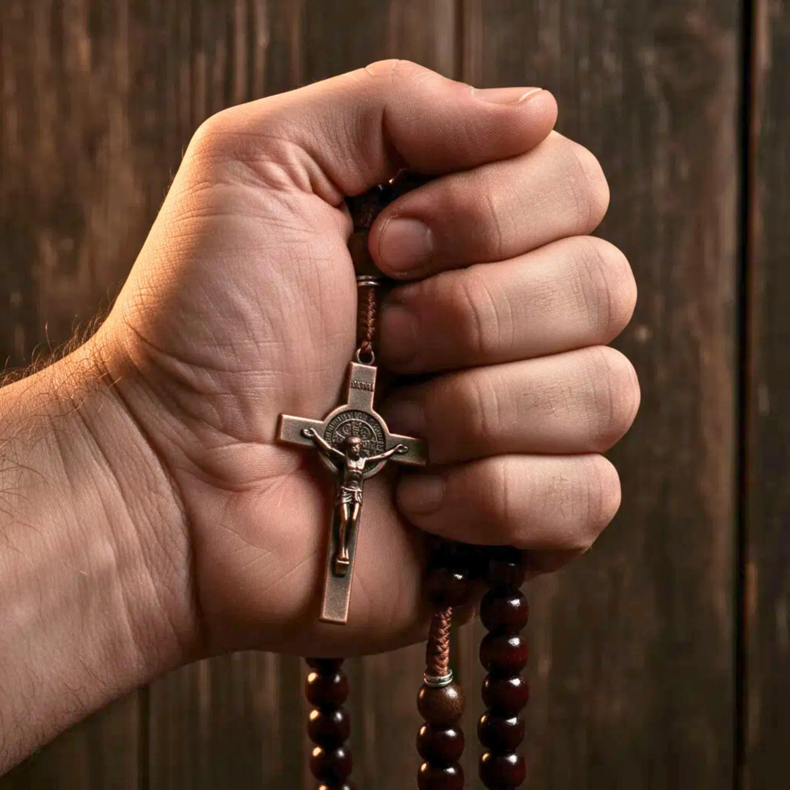 Nazareth Store Rosario in legno di olivo rosso scuro con medaglia di San Benedetto e crocifisso in rame antico, 20.6" - immagine 5