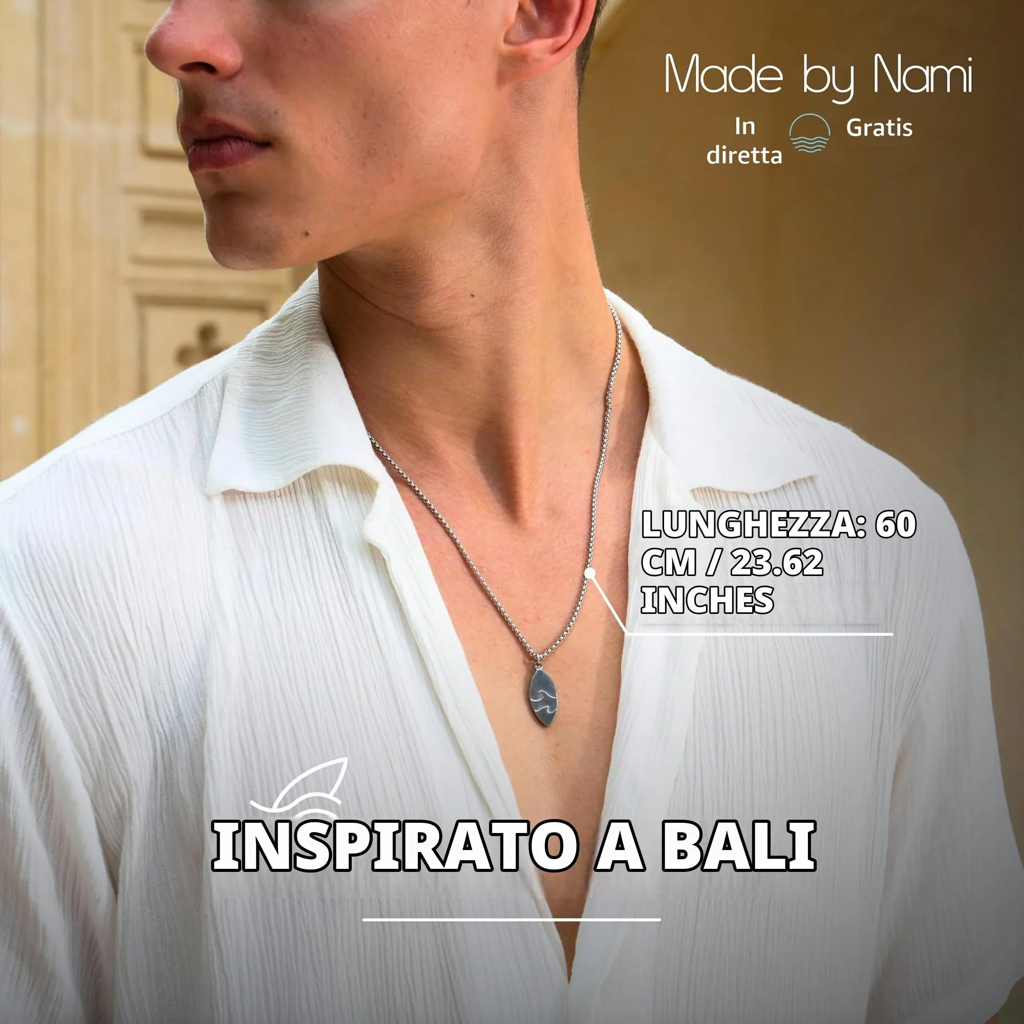 Made by Nami Collana Uomo in Acciaio Inossidabile con Ciondolo Freccia, 60cm, Argento - immagine 2
