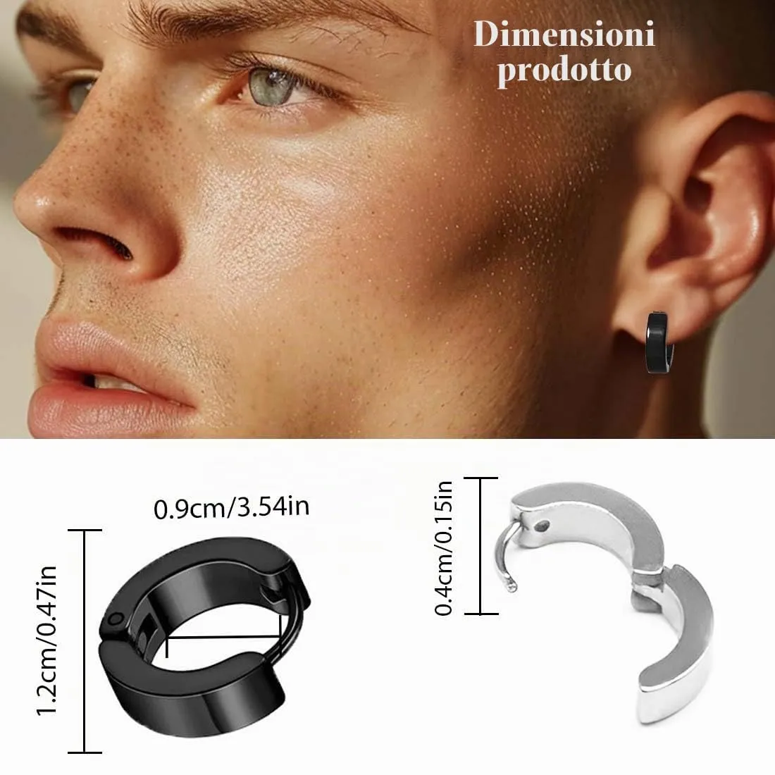JRYXDS Orecchini a Cerchio Unisex in Acciaio Inossidabile, 4*9 mm, 2 Paia (Nero e Argento) - immagine 3