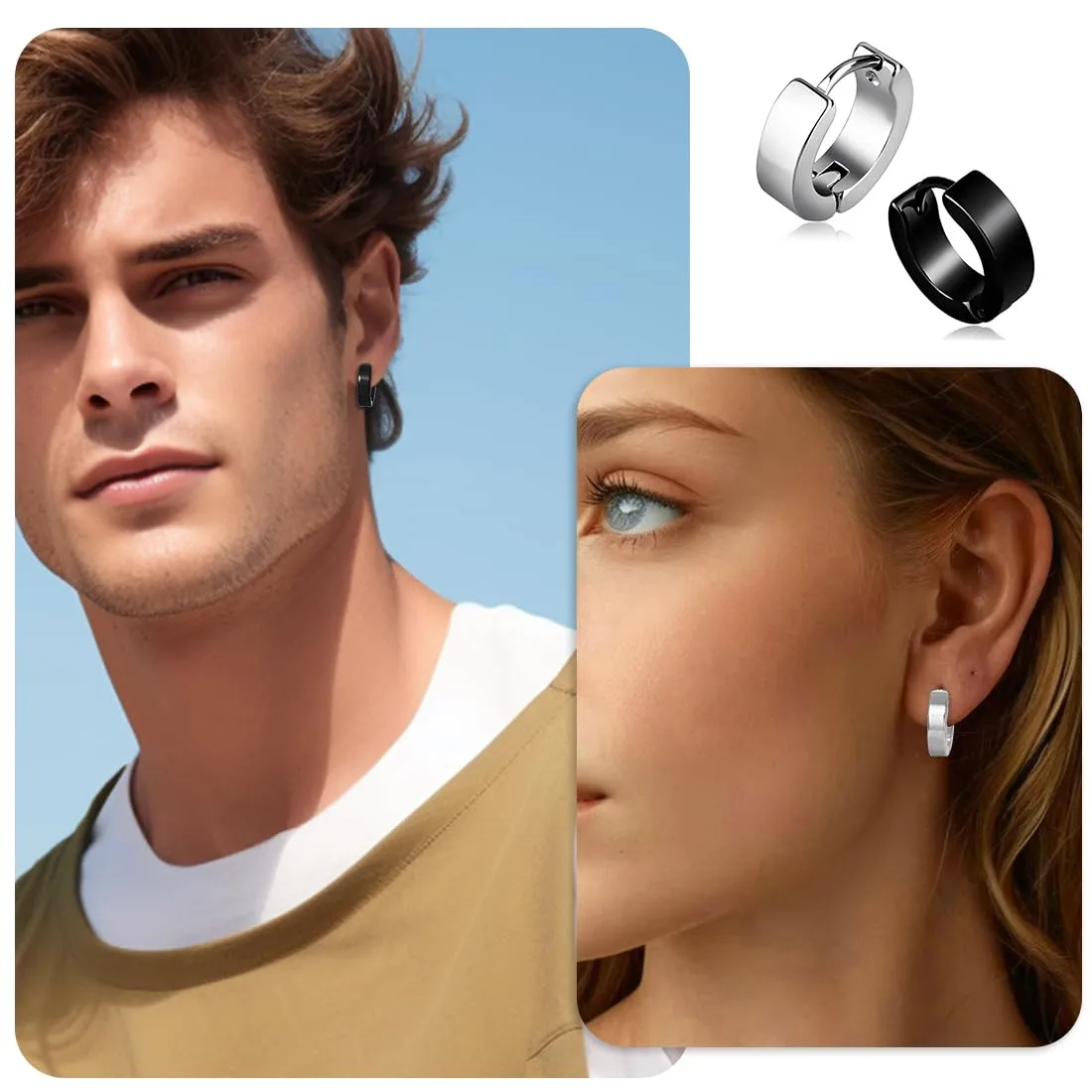 JRYXDS Orecchini a Cerchio Unisex in Acciaio Inossidabile, 4*9 mm, 2 Paia (Nero e Argento) - immagine 4