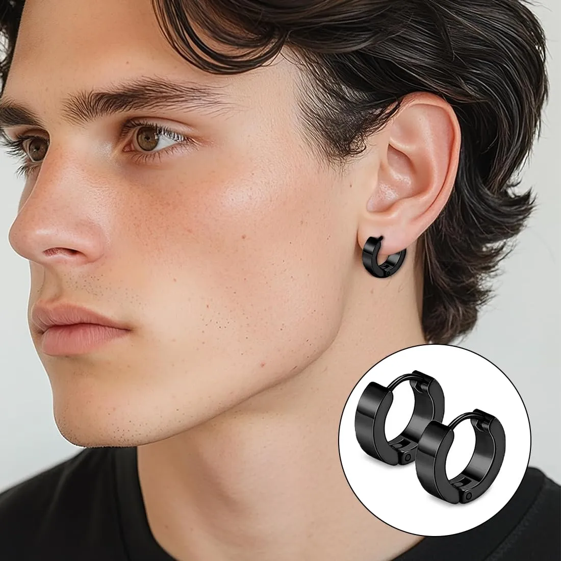 JRYXDS Orecchini a Cerchio Unisex in Acciaio Inossidabile, 4*9 mm, 2 Paia (Nero e Argento) - immagine 5