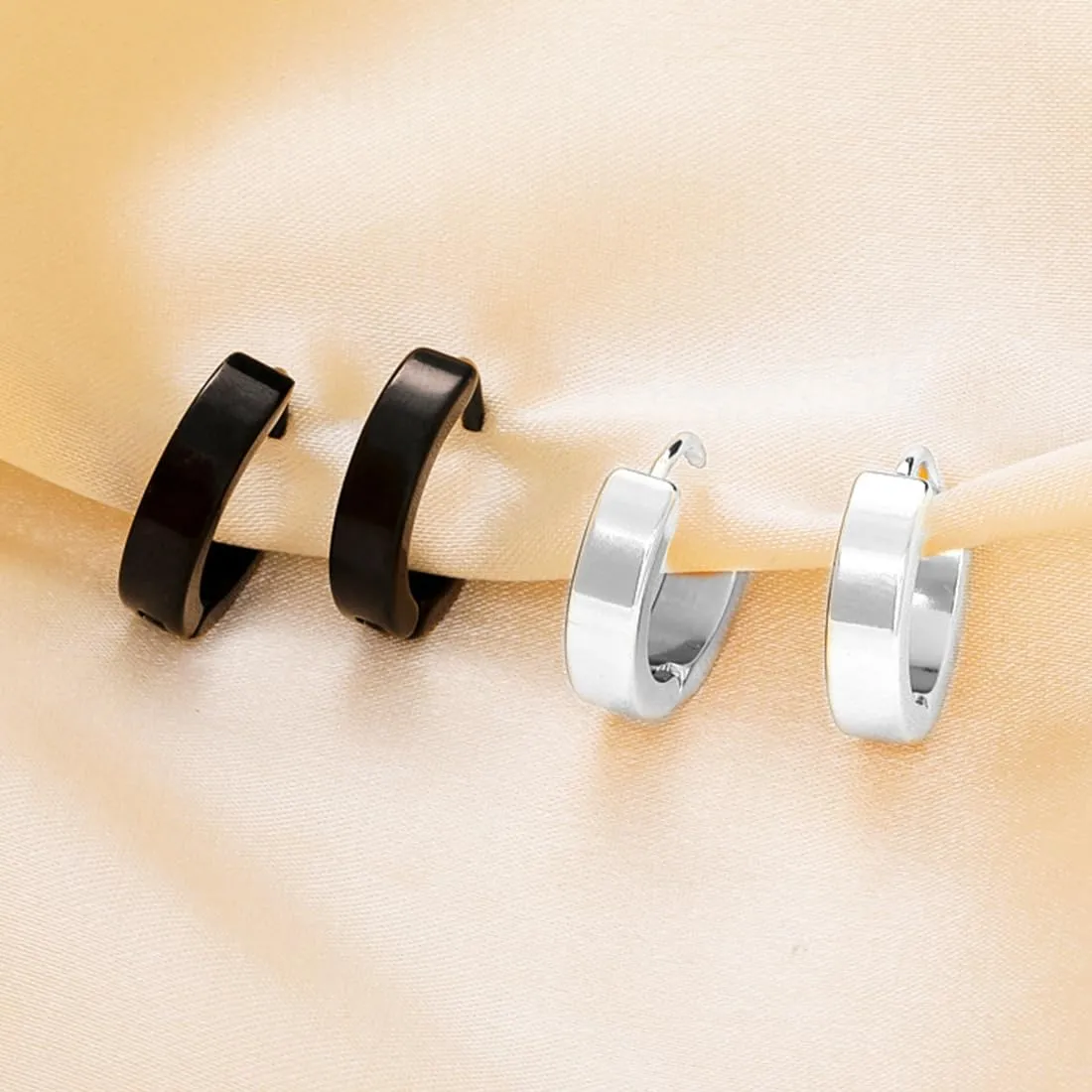 JRYXDS Orecchini a Cerchio Unisex in Acciaio Inossidabile, 4*9 mm, 2 Paia (Nero e Argento) - immagine 6
