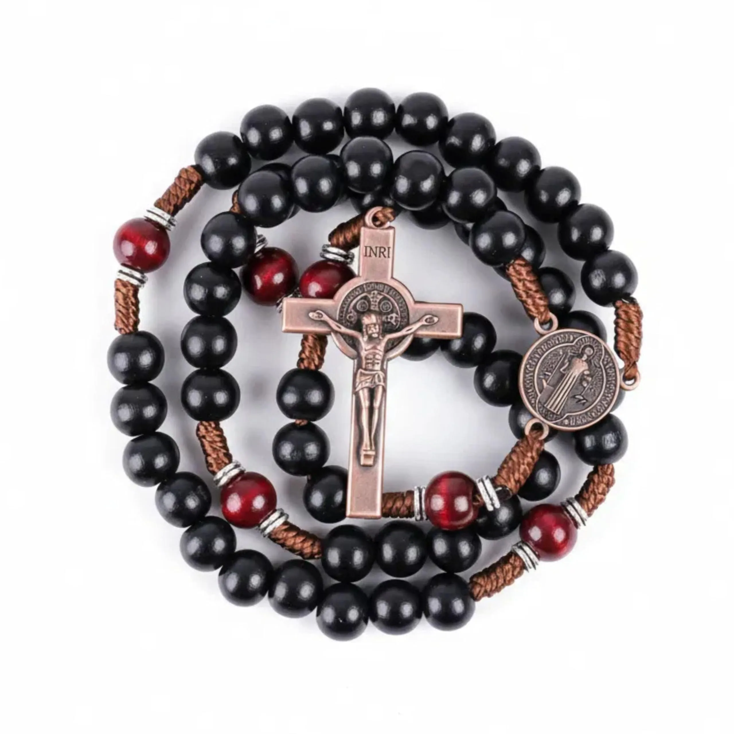 Nazareth Store Rosario in Legno di Olivo Nero e Rosso Scuro con Crocifisso e Medaglia in Rame Antico, 20.6" - immagine 1