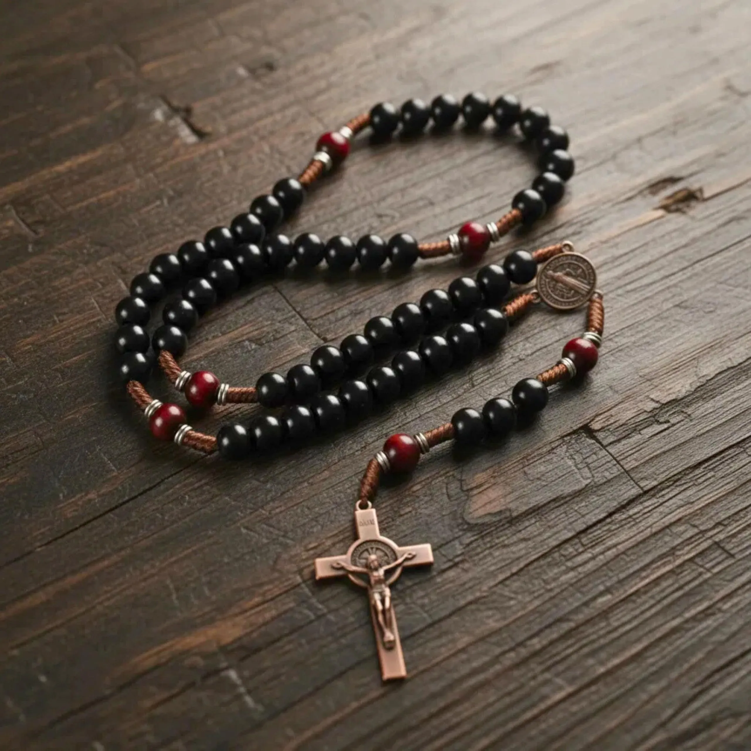 Nazareth Store Rosario in Legno di Olivo Nero e Rosso Scuro con Crocifisso e Medaglia in Rame Antico, 20.6" - immagine 3