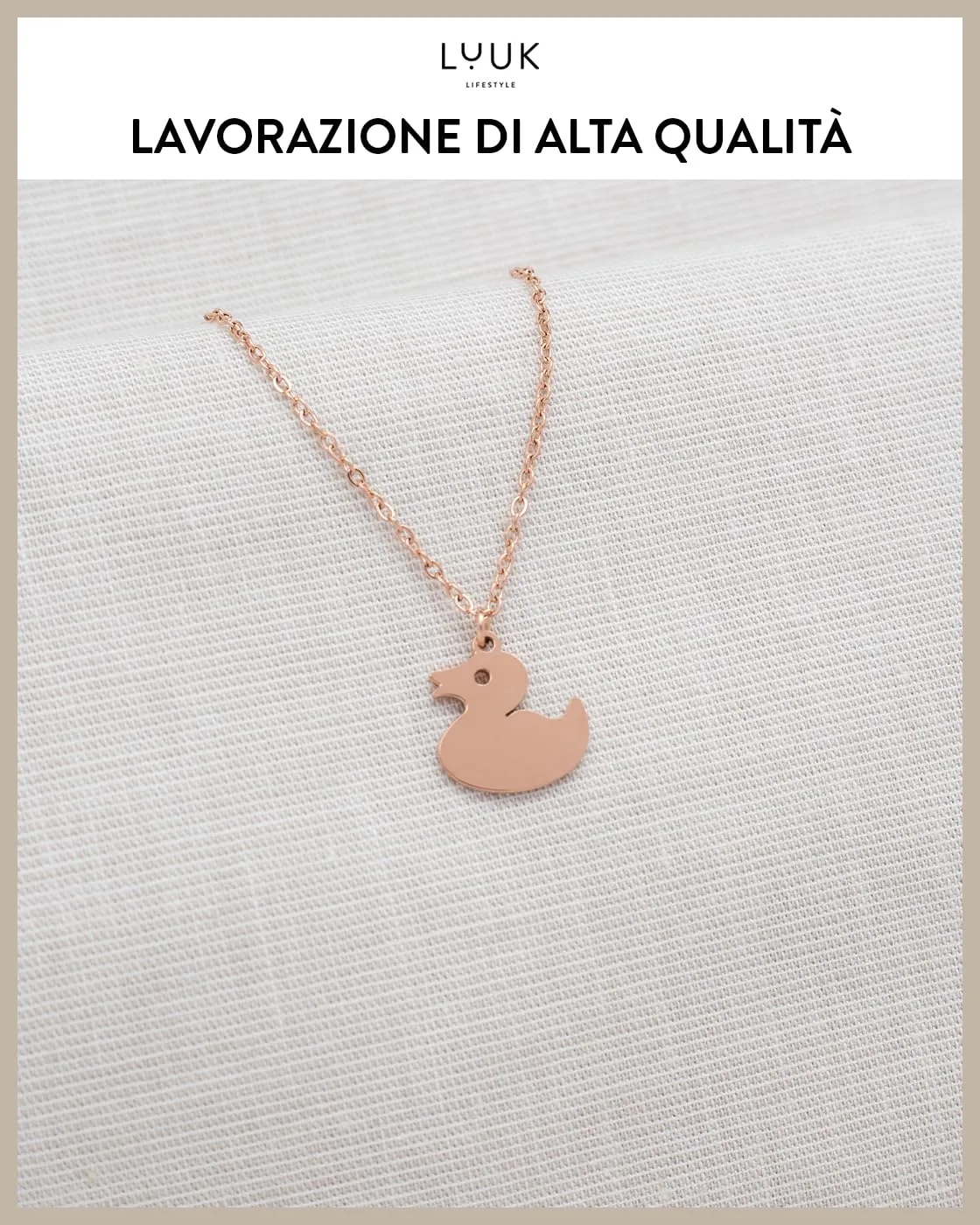 LUUK LIFESTYLE Collana in Acciaio Inox con Ciondolo Paperella, Oro Rosa, 50cm - immagine 4