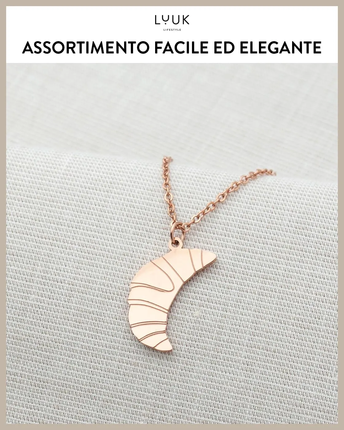 LUUK LIFESTYLE Collana in Acciaio Inox con Ciondolo Croissant, Oro Rosa, 50cm - immagine 4
