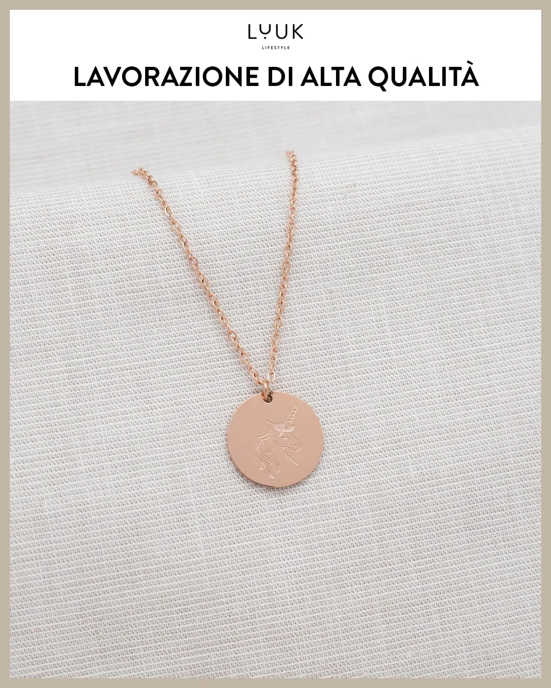 LUUK LIFESTYLE Collana in Acciaio Inox con Ciondolo Unicorno, Oro Rosa, 50cm - immagine 4