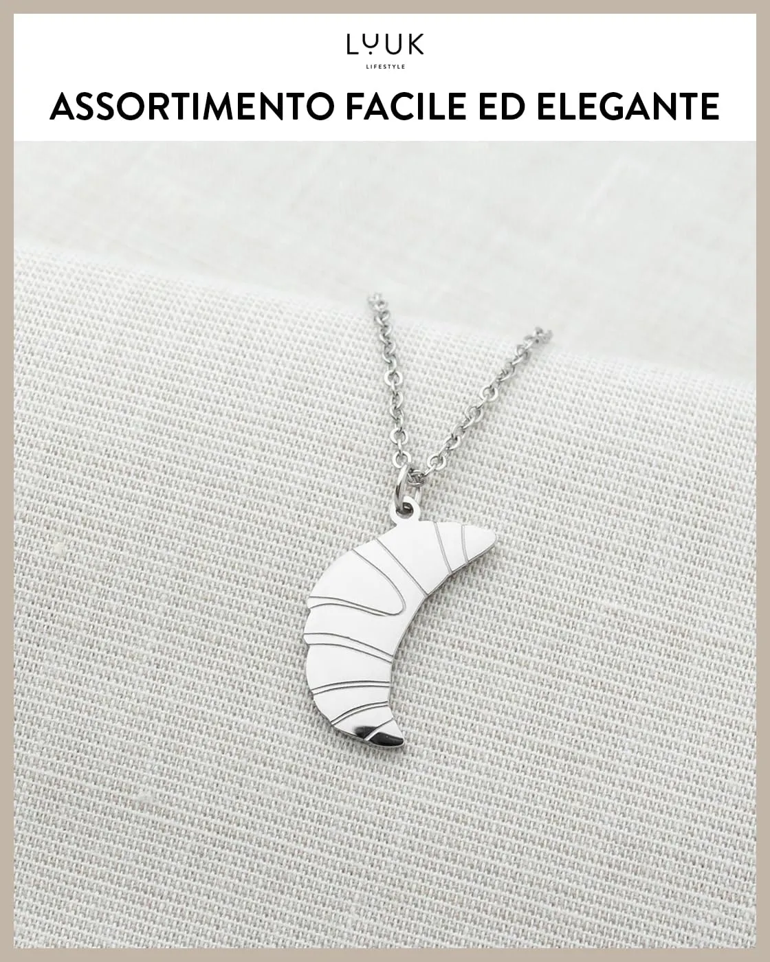 LUUK LIFESTYLE Collana Acciaio Inox con Ciondolo Croissant, Argento, 50cm - immagine 4