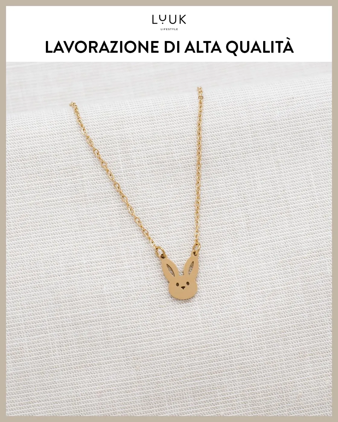 LUUK LIFESTYLE Collana in Acciaio Inox con Ciondolo Coniglietto, Oro, 50cm - immagine 4