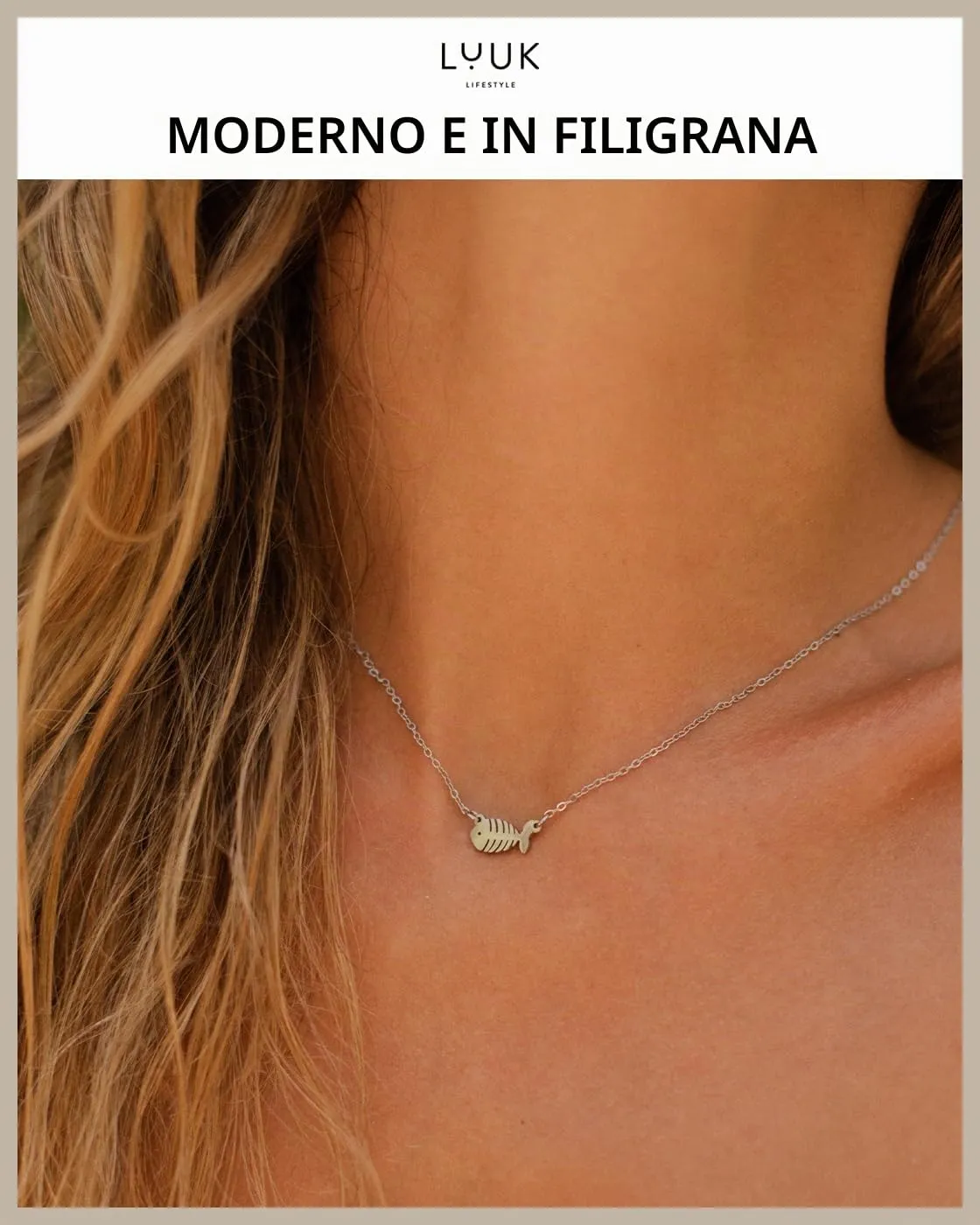 LUUK LIFESTYLE Collana con Ciondolo Lisca di Pesce, Argento, 50cm - immagine 3