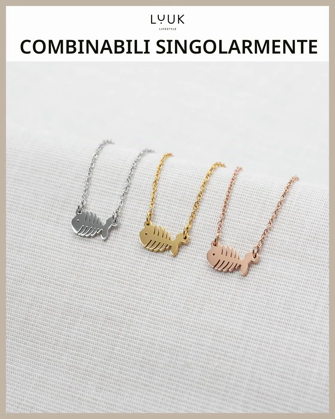 LUUK LIFESTYLE Collana con Ciondolo Lisca di Pesce, Argento, 50cm - immagine 5