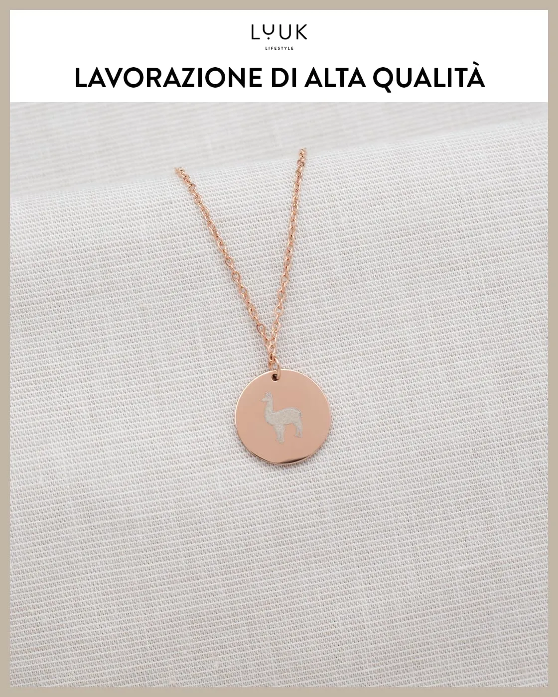LUUK LIFESTYLE Collana in Acciaio Inox con Ciondolo Alpaca, Oro Rosa, 50cm - immagine 4