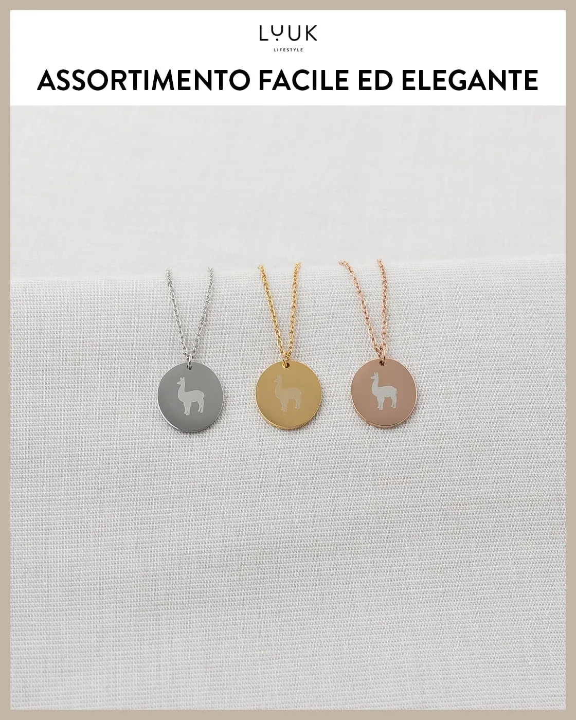 LUUK LIFESTYLE Collana in Acciaio Inox con Ciondolo Alpaca, Oro Rosa, 50cm - immagine 5