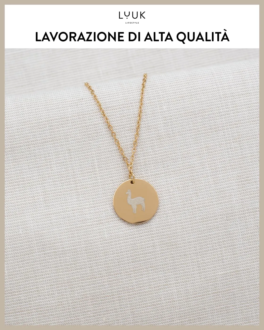 LUUK LIFESTYLE Collana in Acciaio Inox con Ciondolo Alpaca, Oro, 50cm - immagine 4
