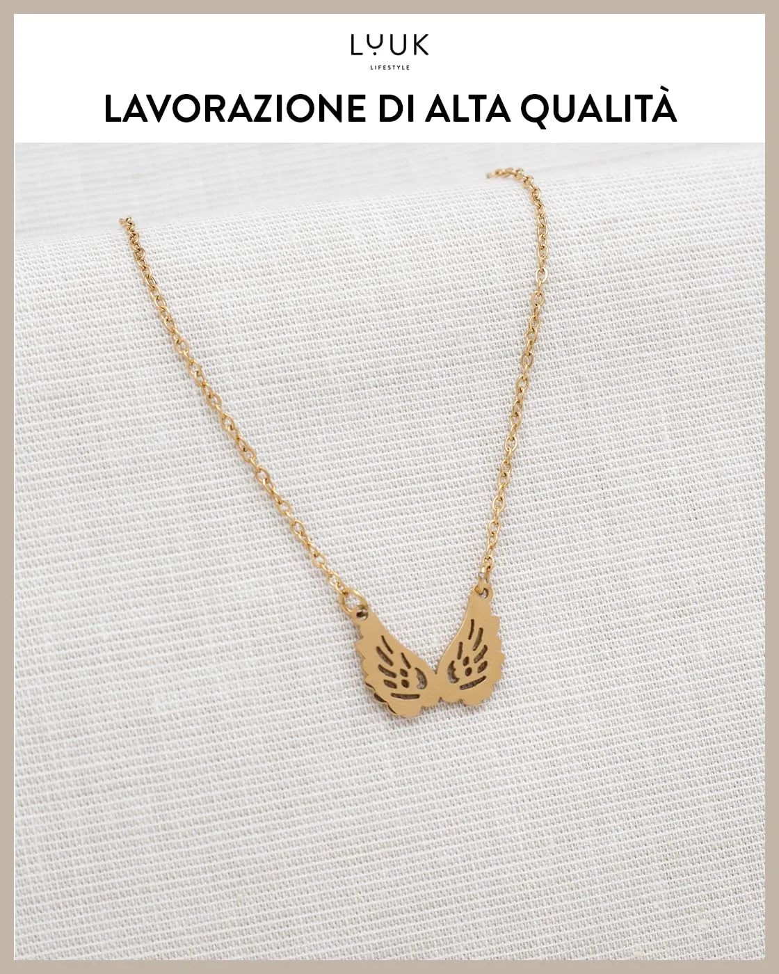 LUUK LIFESTYLE Collana in Acciaio Inox con Ciondolo Ali d'Angelo, Oro, 50cm - immagine 4