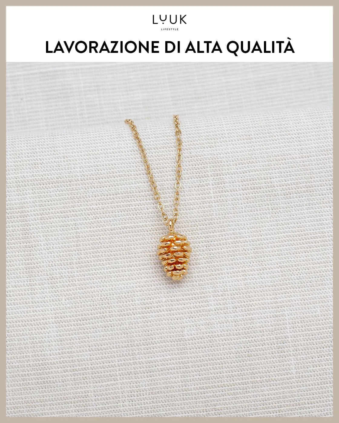 LUUK LIFESTYLE Collana in Acciaio Inox con Ciondolo Pigna, Oro, 50cm - immagine 4