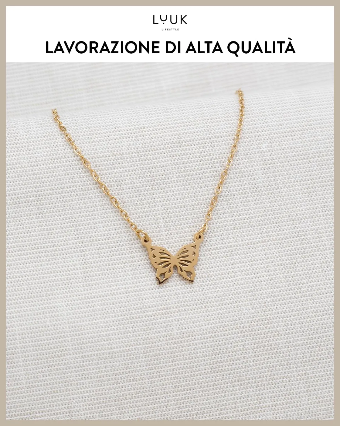 LUUK LIFESTYLE Collana in Acciaio Inox con Ciondolo Farfalla, Oro, 50cm - immagine 4