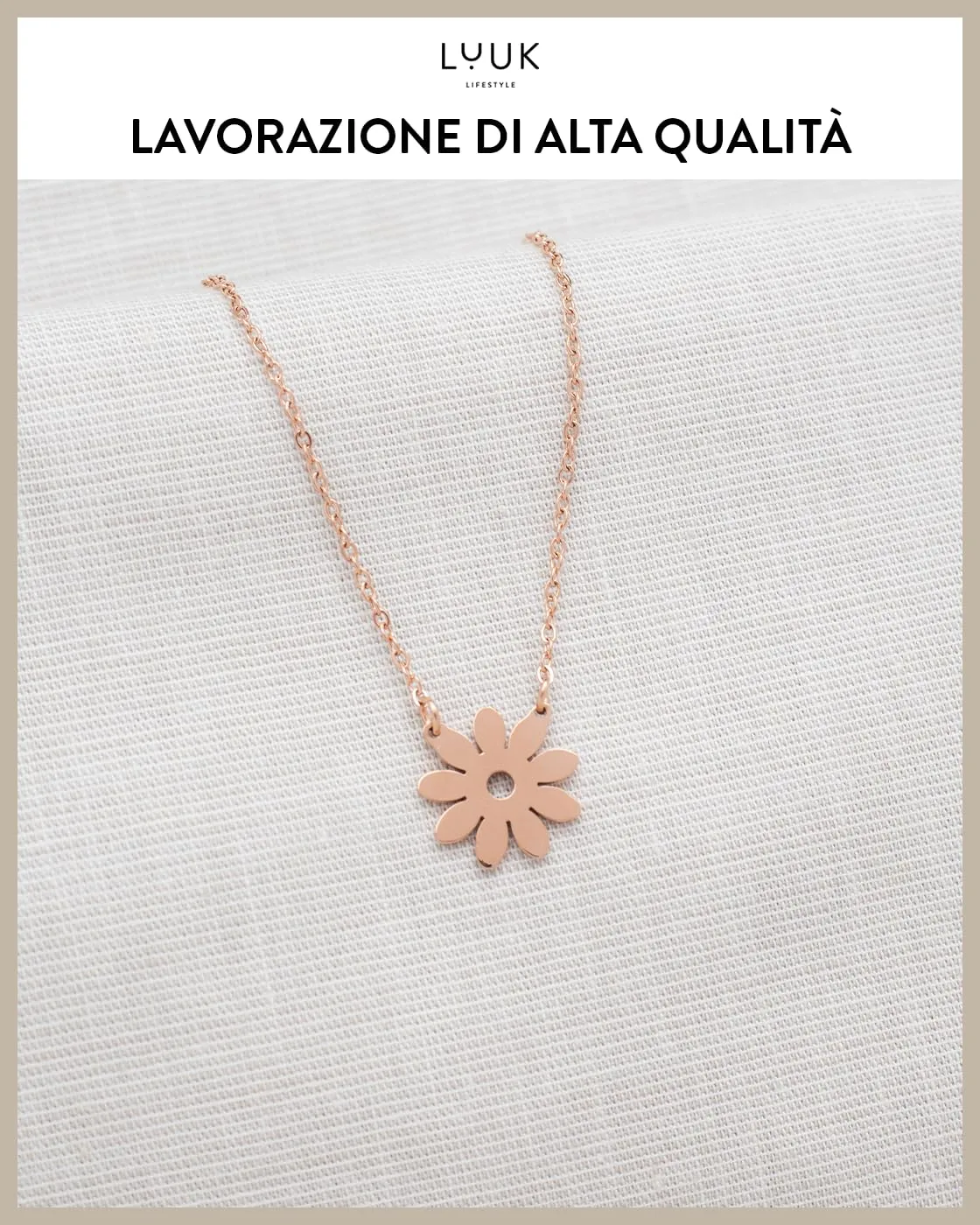 LUUK LIFESTYLE Collana in Acciaio Inox con Ciondolo Margherita, Oro Rosa, 50cm - immagine 4