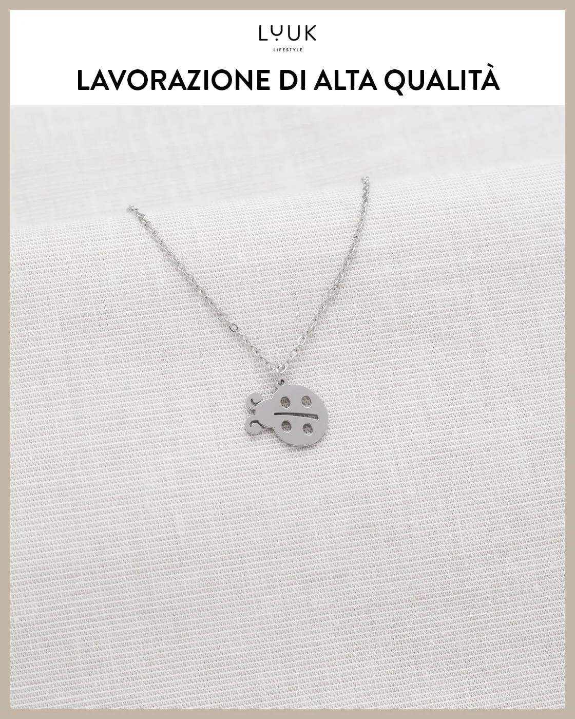 LUUK LIFESTYLE Collana in Acciaio Inox con Ciondolo Coccinella, Argento, 50cm - immagine 4