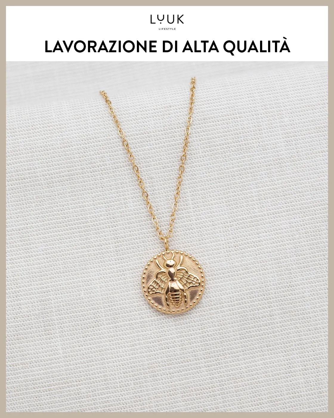 LUUK LIFESTYLE Collana in Acciaio Inox con Ciondolo Ape Regina, Oro, 50cm - immagine 4