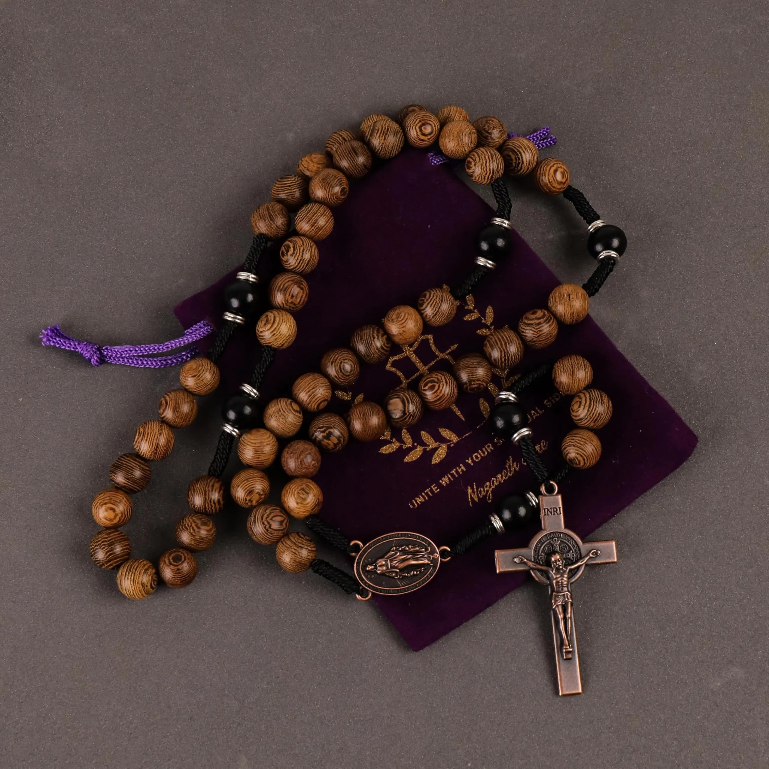 Nazareth Store Rosario in Legno di Ulivo e Legno Rosso con Crocifisso e Medaglia in Rame Antico - immagine 5