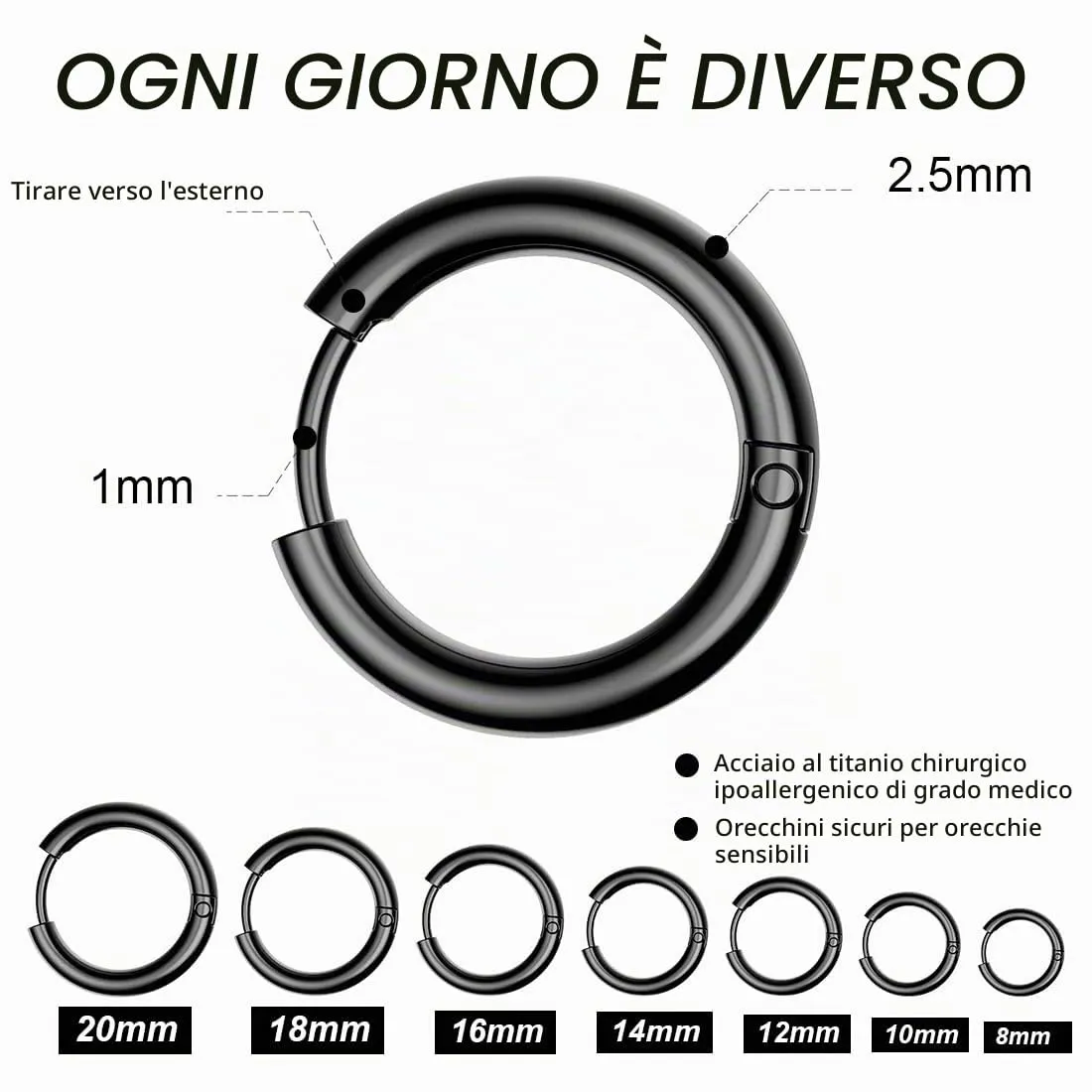 COYUN Orecchini a cerchio in acciaio inossidabile ipoallergenici, 7 paia, Nero - immagine 4