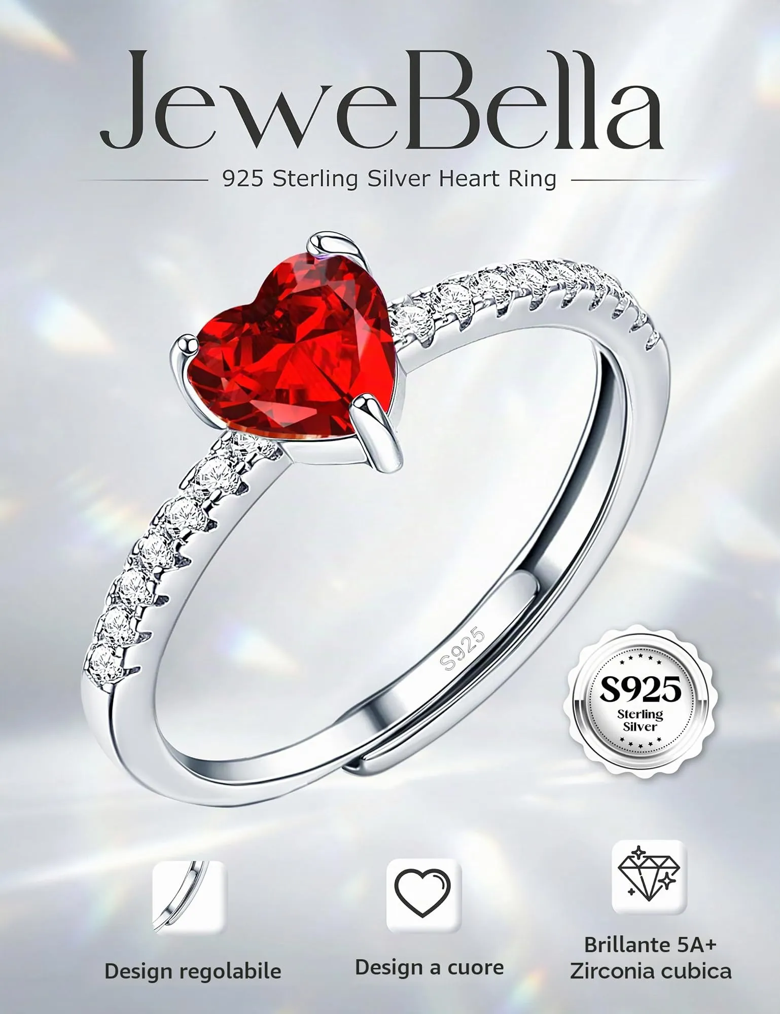 JeweBella Anello Cuore in Argento 925 con Zirconia Cubica, Regolabile - immagine 2