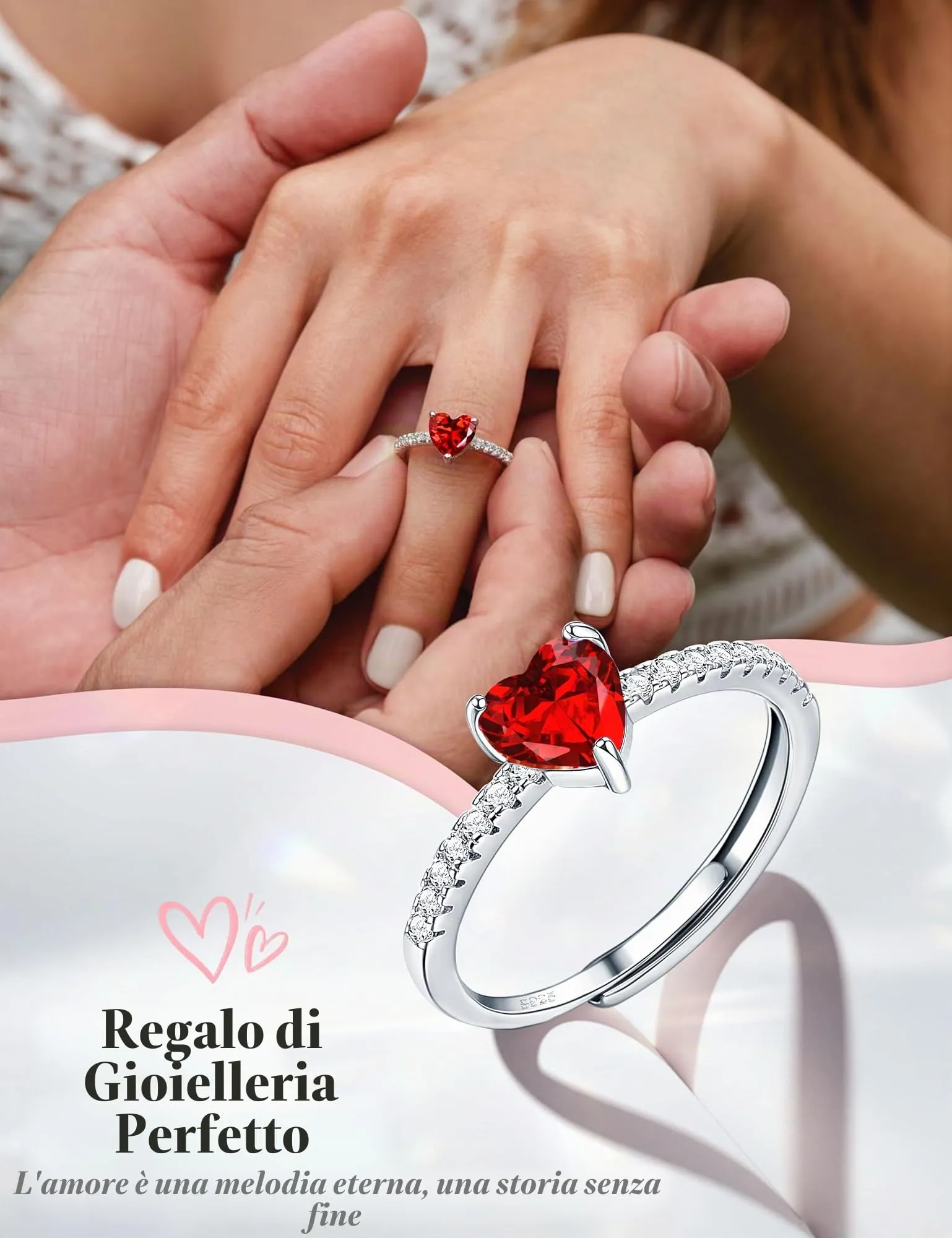 JeweBella Anello Cuore in Argento 925 con Zirconia Cubica, Regolabile - immagine 4