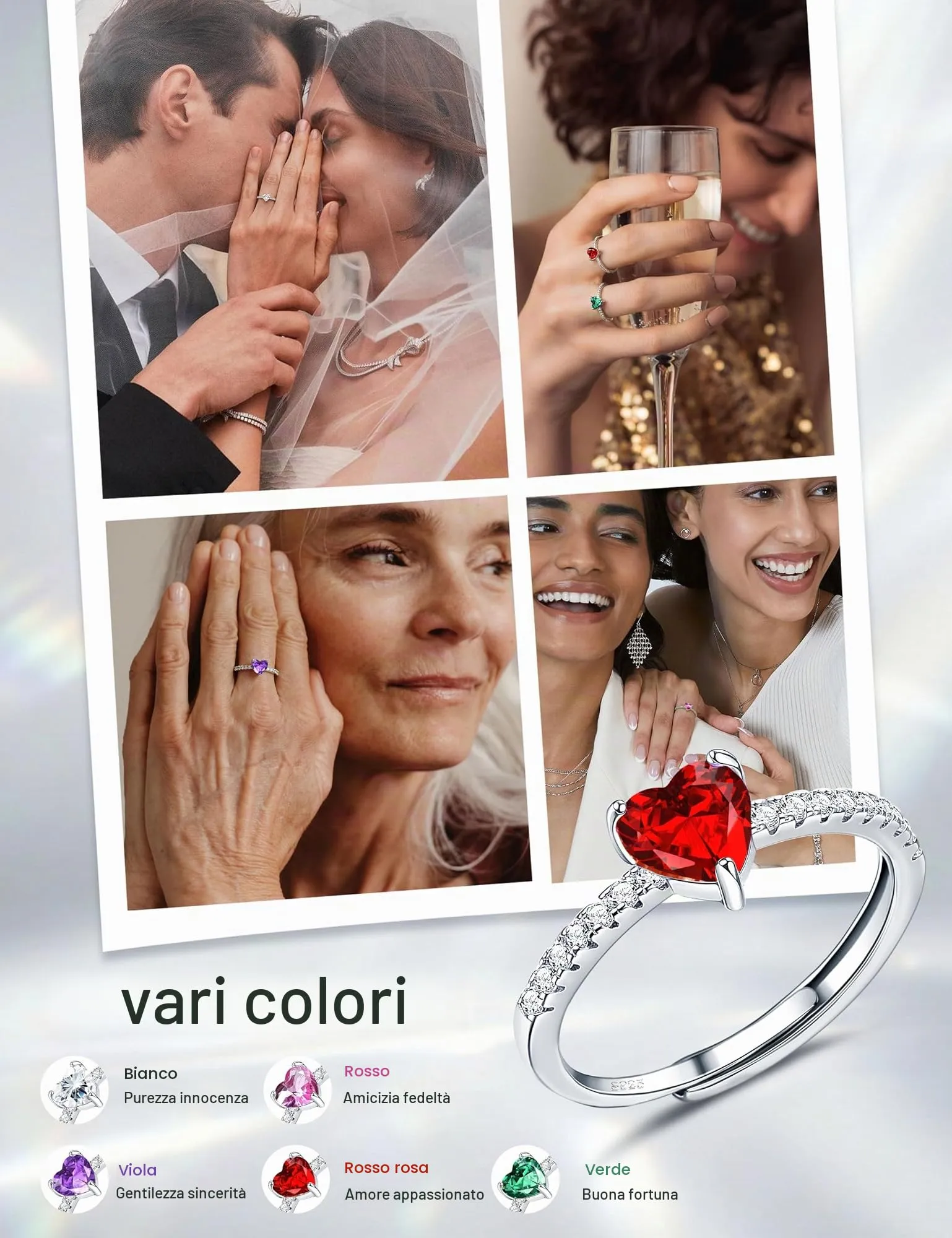 JeweBella Anello Cuore in Argento 925 con Zirconia Cubica, Regolabile - immagine 5