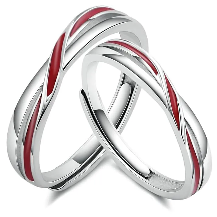 MILANG Anello Coppia Regolabile in Argento Puro con Filo Rosso - immagine 1