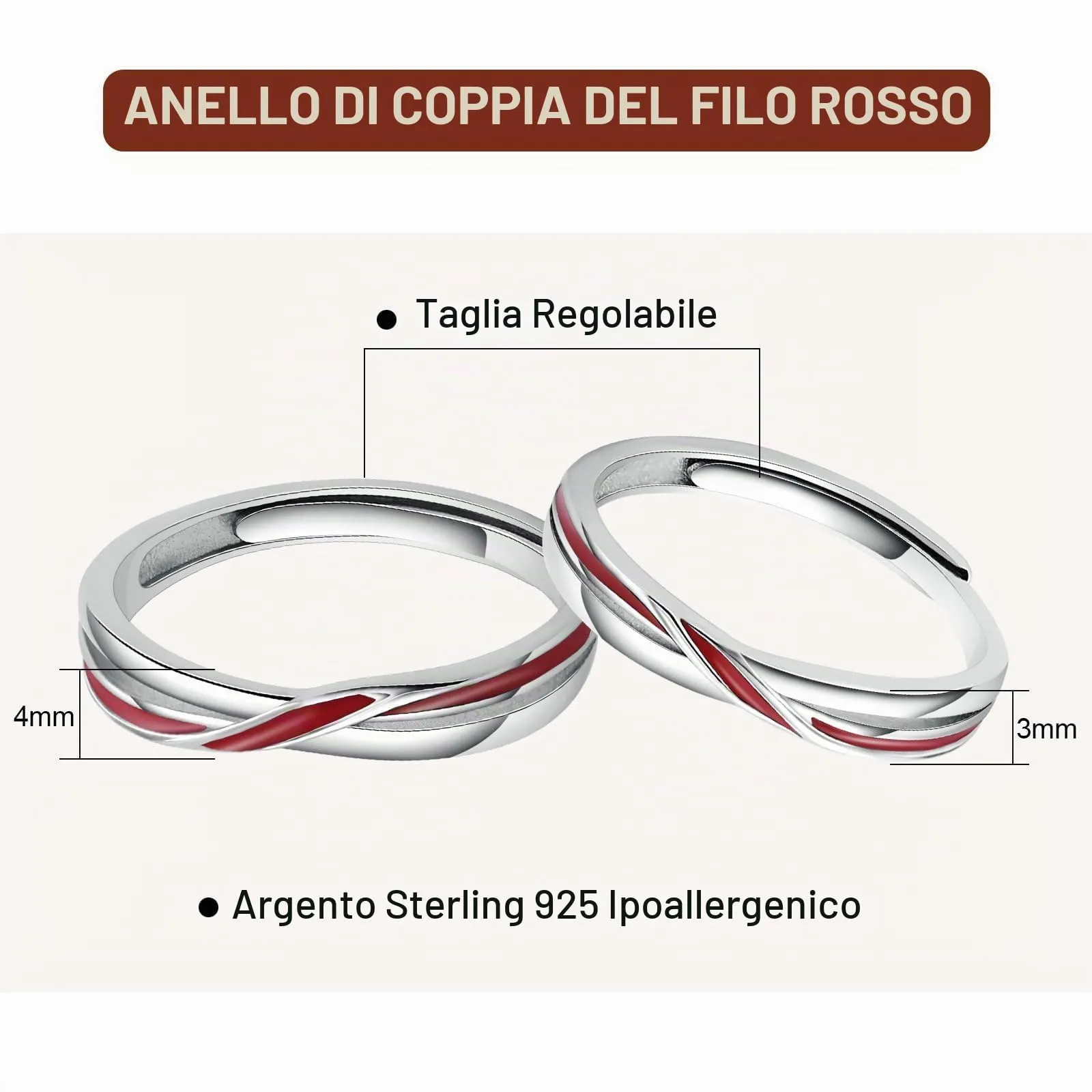 MILANG Anello Coppia Regolabile in Argento Puro con Filo Rosso - immagine 2