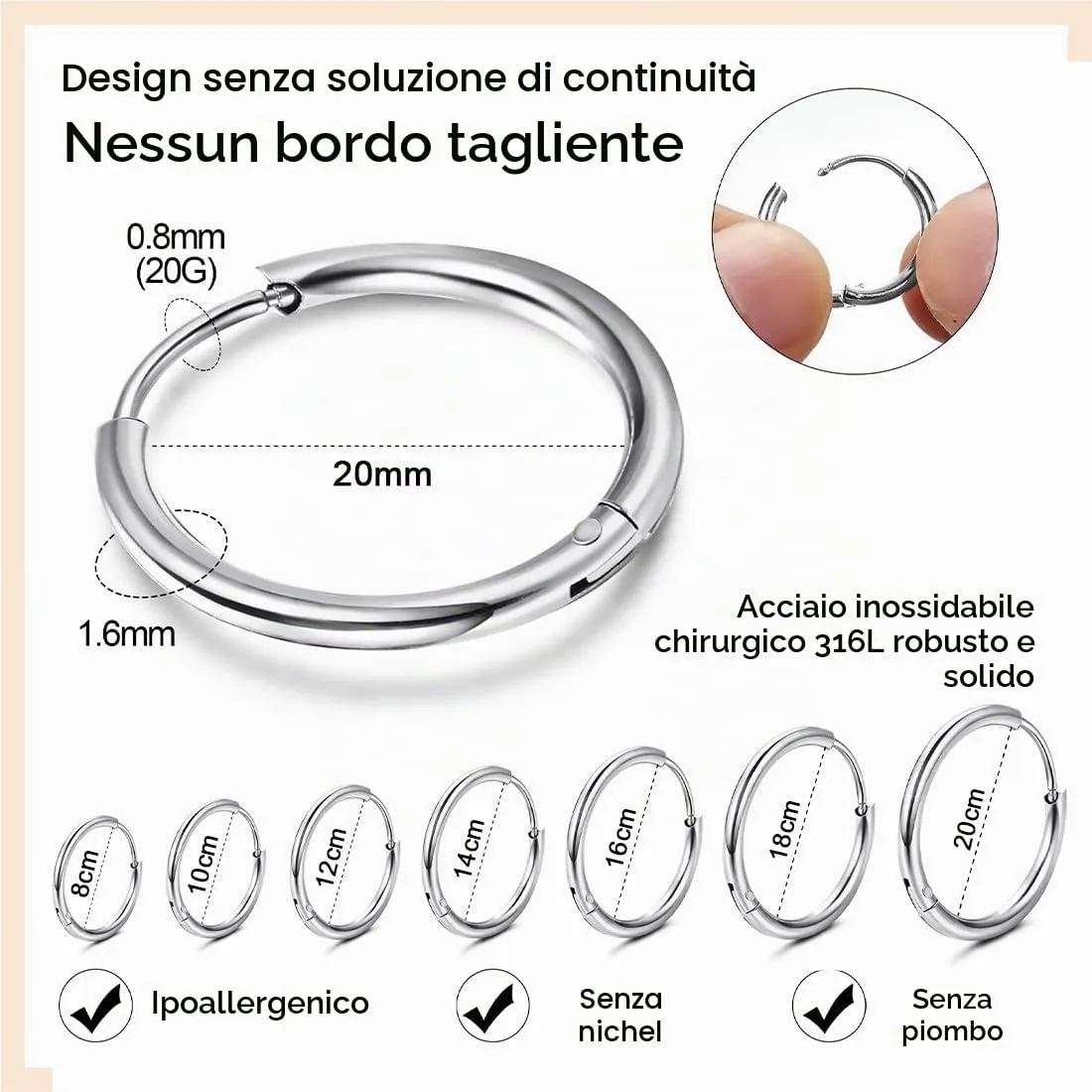 XENQITO 7 Paia di Orecchini a Cerchio in Acciaio Inossidabile, Argento, 8-20 mm - immagine 6
