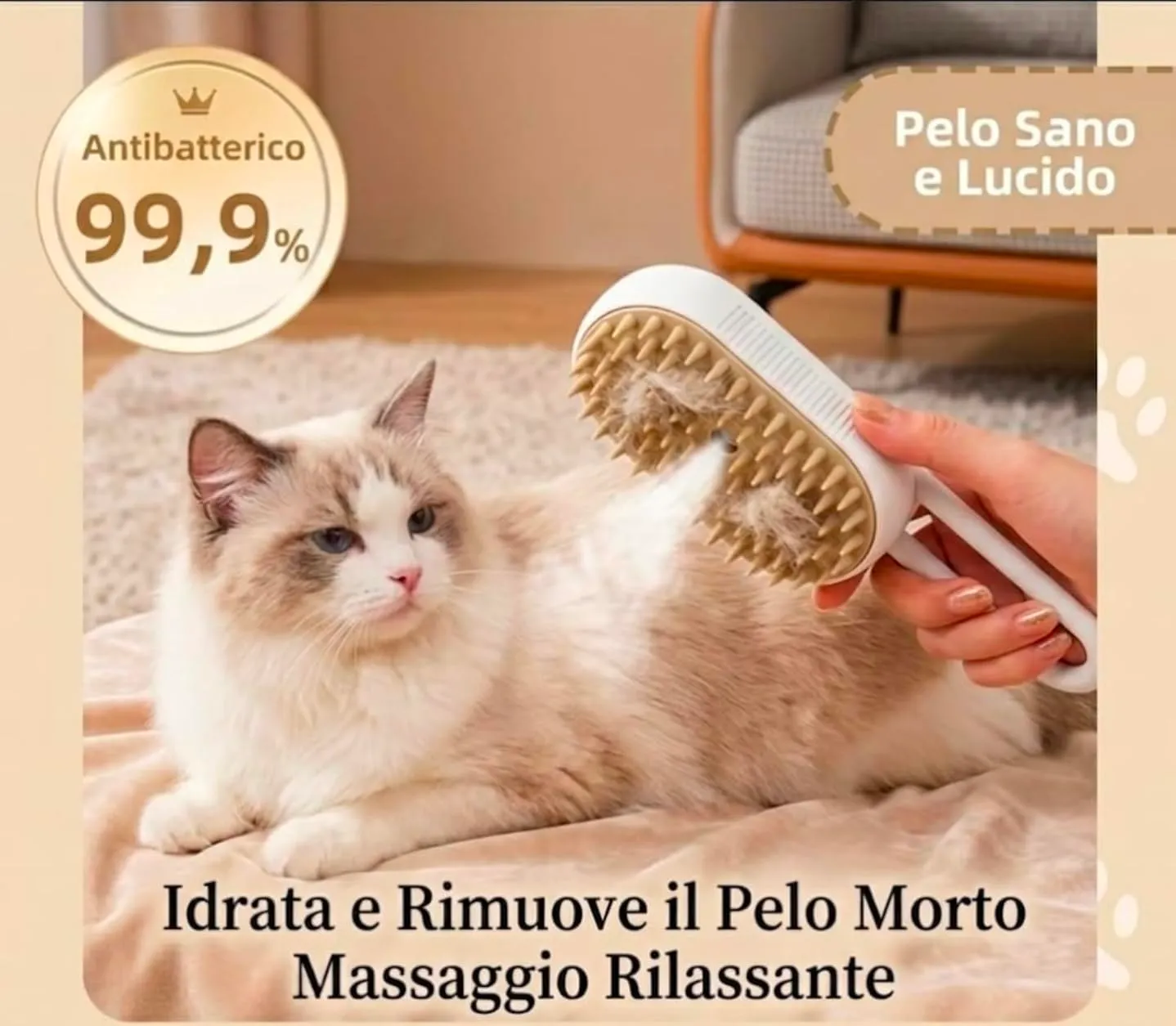 Spazzola per Gatti e Cani con Nebulizzatore e Setole in Silicone, Beige - immagine 4