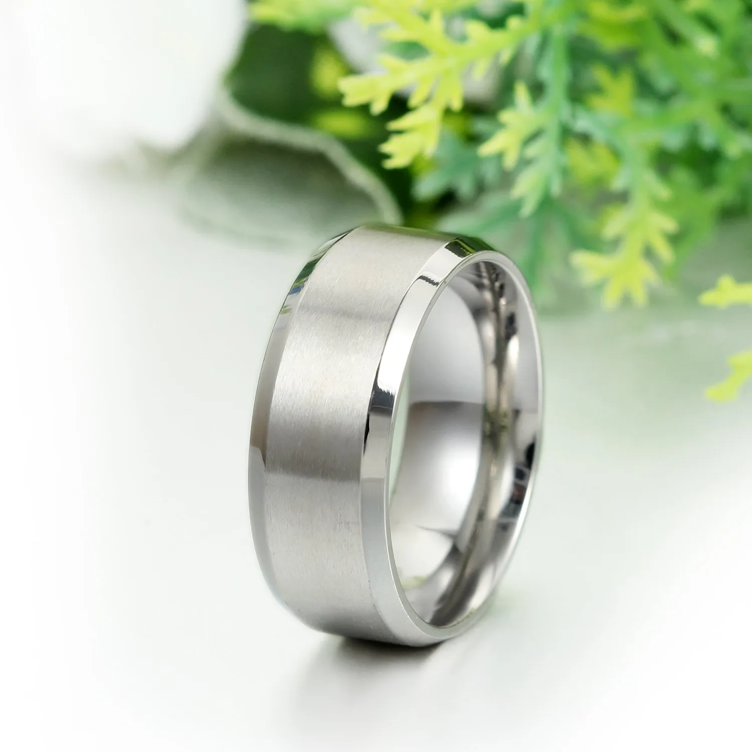 JewelryWe Unisex Wedding Engagement Rings, 8mm Stainless Steel, Silver, Minimalist Style, Size 9-35, 2pcs - immagine 3