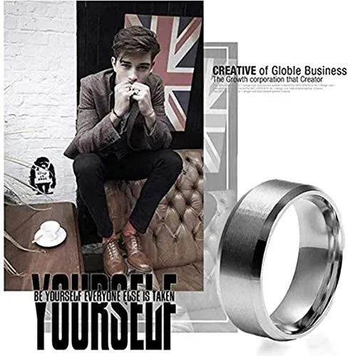 JewelryWe Unisex Wedding Engagement Rings, 8mm Stainless Steel, Silver, Minimalist Style, Size 9-35, 2pcs - immagine 4