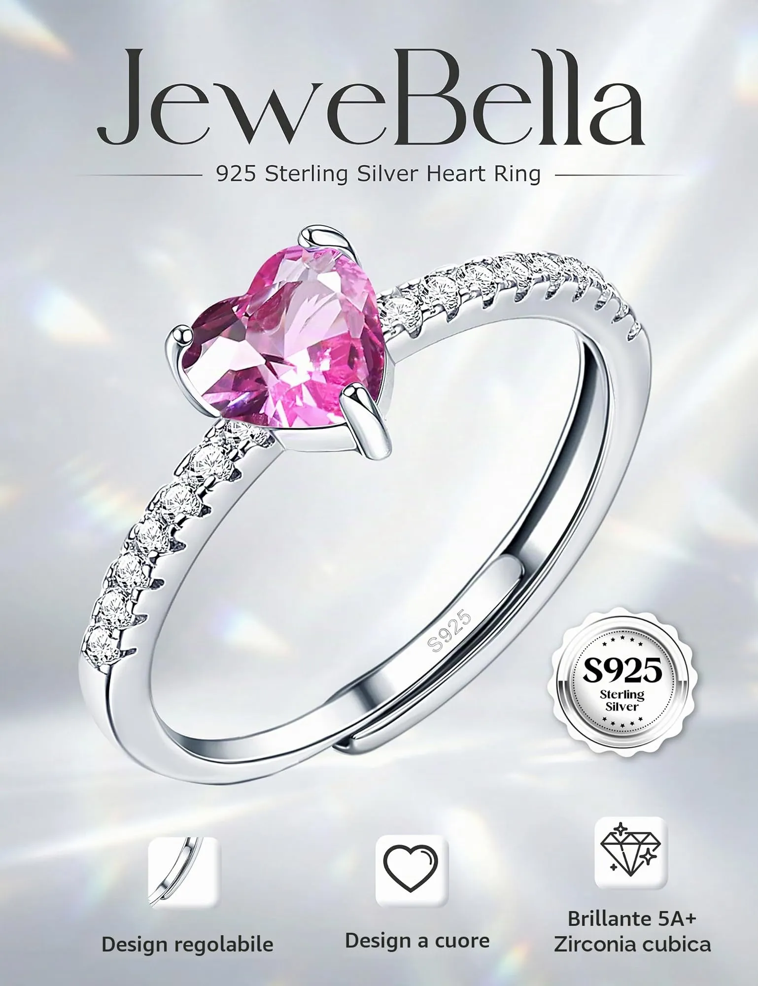 JeweBella Anello Cuore in Argento 925 Regolabile con Zirconia Cubica per Donna - immagine 2