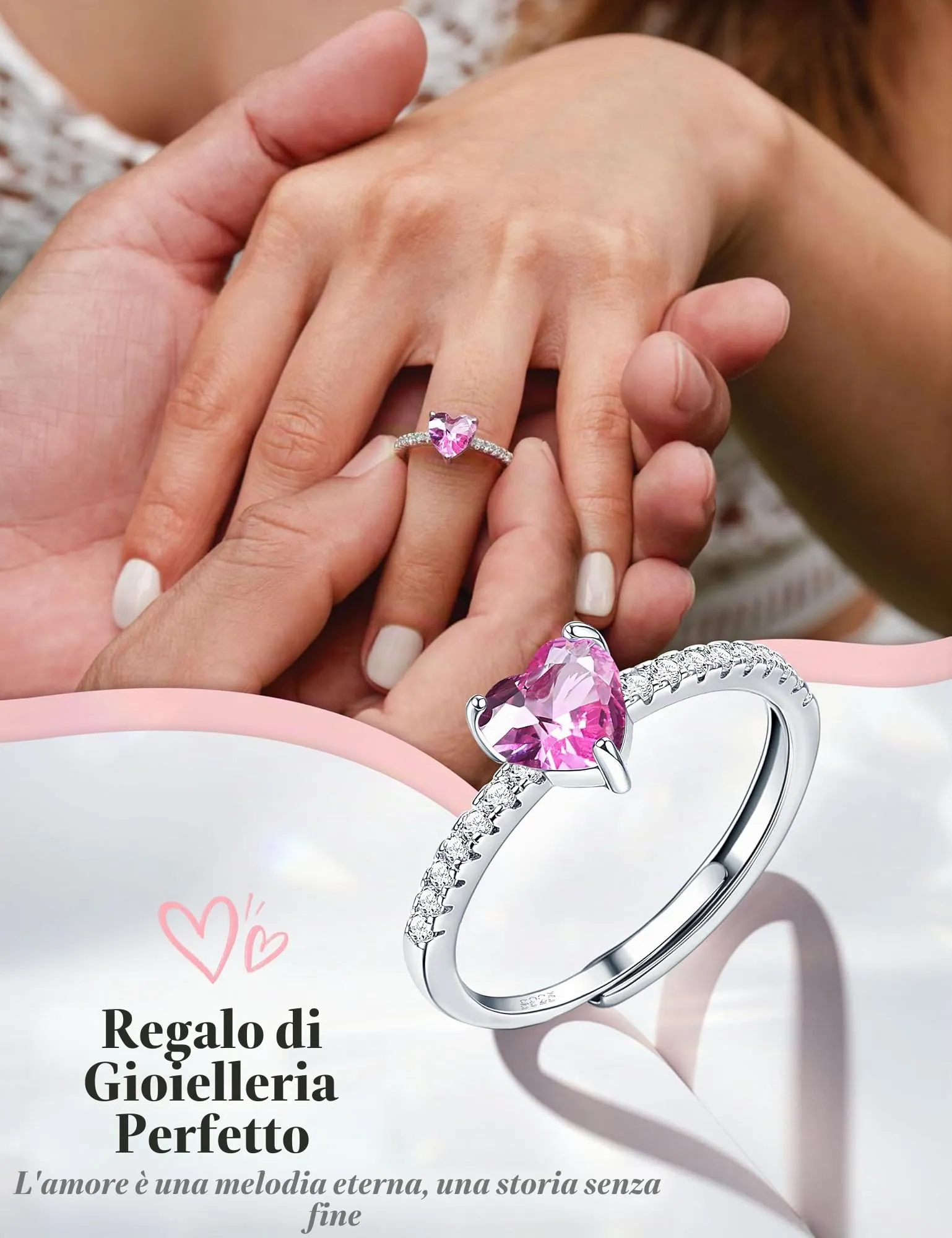 JeweBella Anello Cuore in Argento 925 Regolabile con Zirconia Cubica per Donna - immagine 4